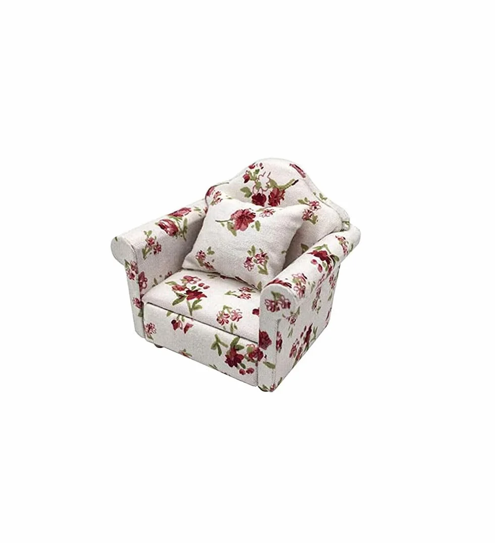 LATRAT Sofa do domku dla lalek, 1:12, miniaturowy model mebli, chusta z wzorem kwiatowym, kanapa, fotel z poduszkami, akcesoria, wzór kwiatowy, zestaw mini mebli, sofa z poduszkami na oparcie