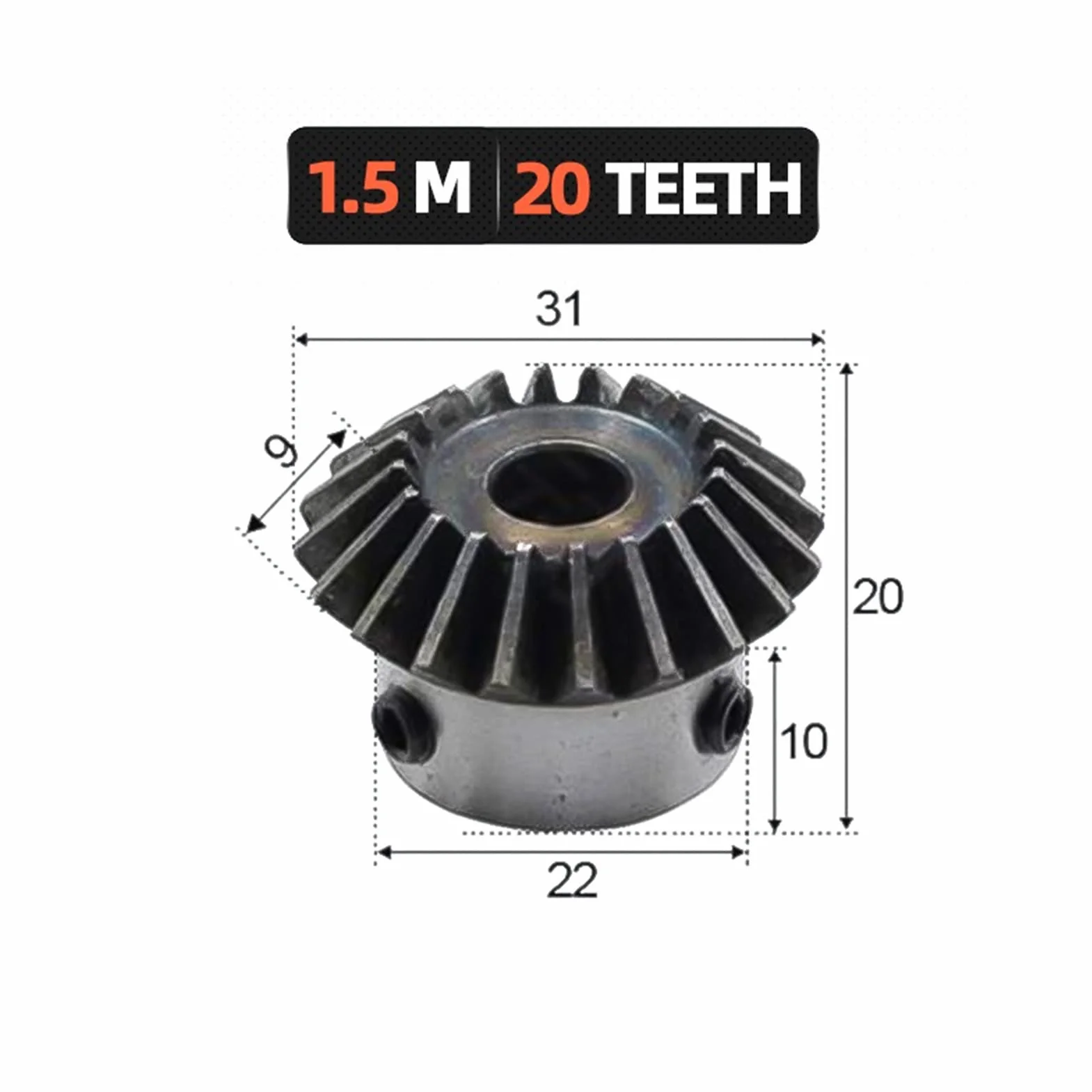 Koło zębate spiralne 1 szt. 1,5 moduł 20 zębów przekładnia stożkowa 8 mm 10 mm 12 mm 14 mm 15 mm wewnętrzny otwór przekładnia 1,5 m 20T spiralne przekładnie stożkowe do modelu DIY ślimak ścięcia samochodu (kolor: 20 zębów, rozmiar: otwór 10 mm)