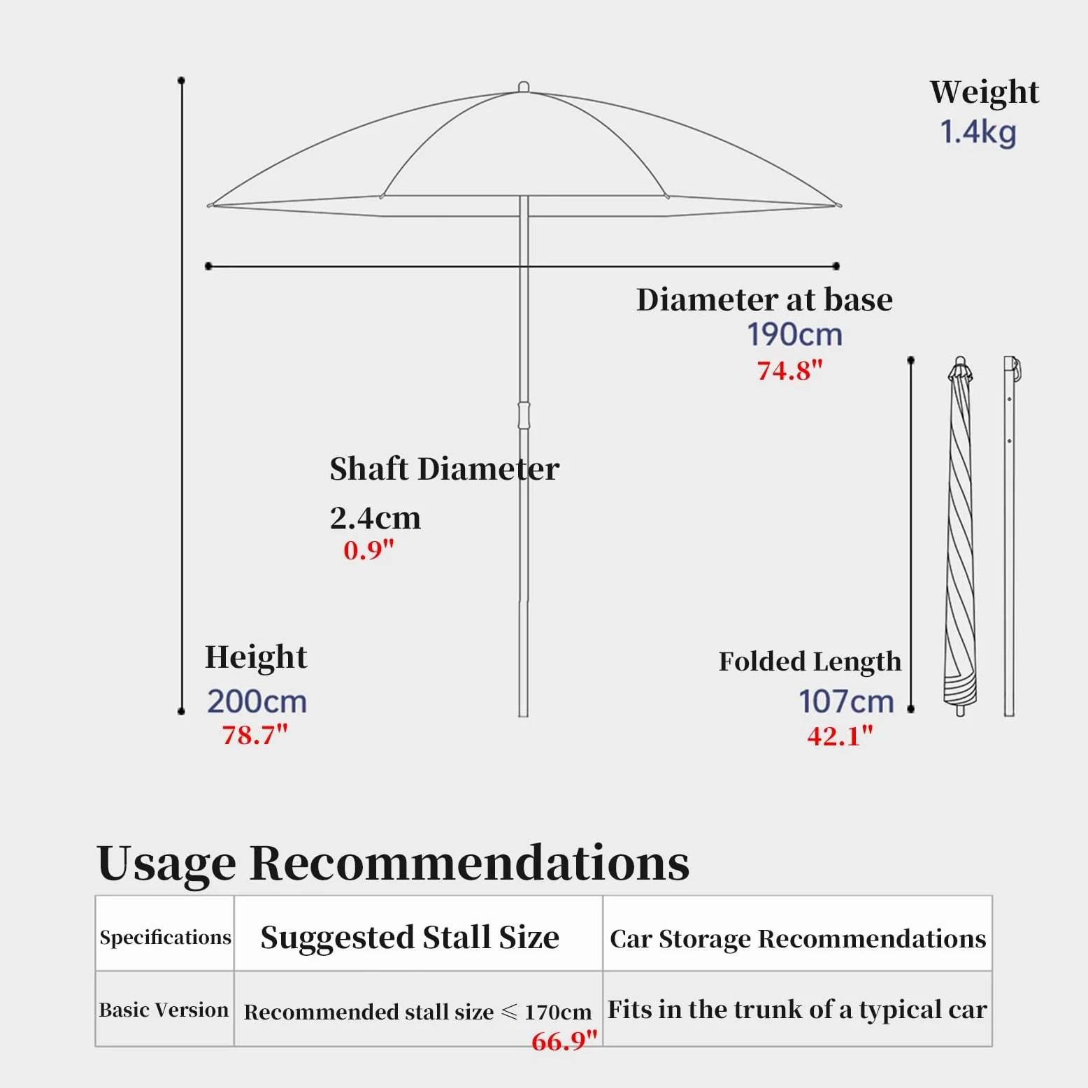 Okrągły parasol ogrodowy, blokada UV, parasol plażowy z bocznym kloszem, składany, na patio, kemping, grill, balkon, 190 cm (brązowy)