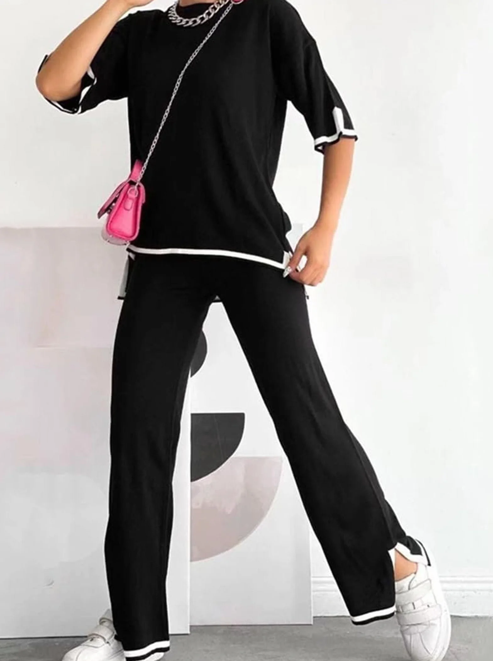 Womens Knit 2 Piece Sweater Sets Lounge Sets Silk Feel Oversized Casual Short Sleeve Knit Pullover Tops Wide Leg Pants Tracksuit Homewear Elegant Trousers Sets,006,M
