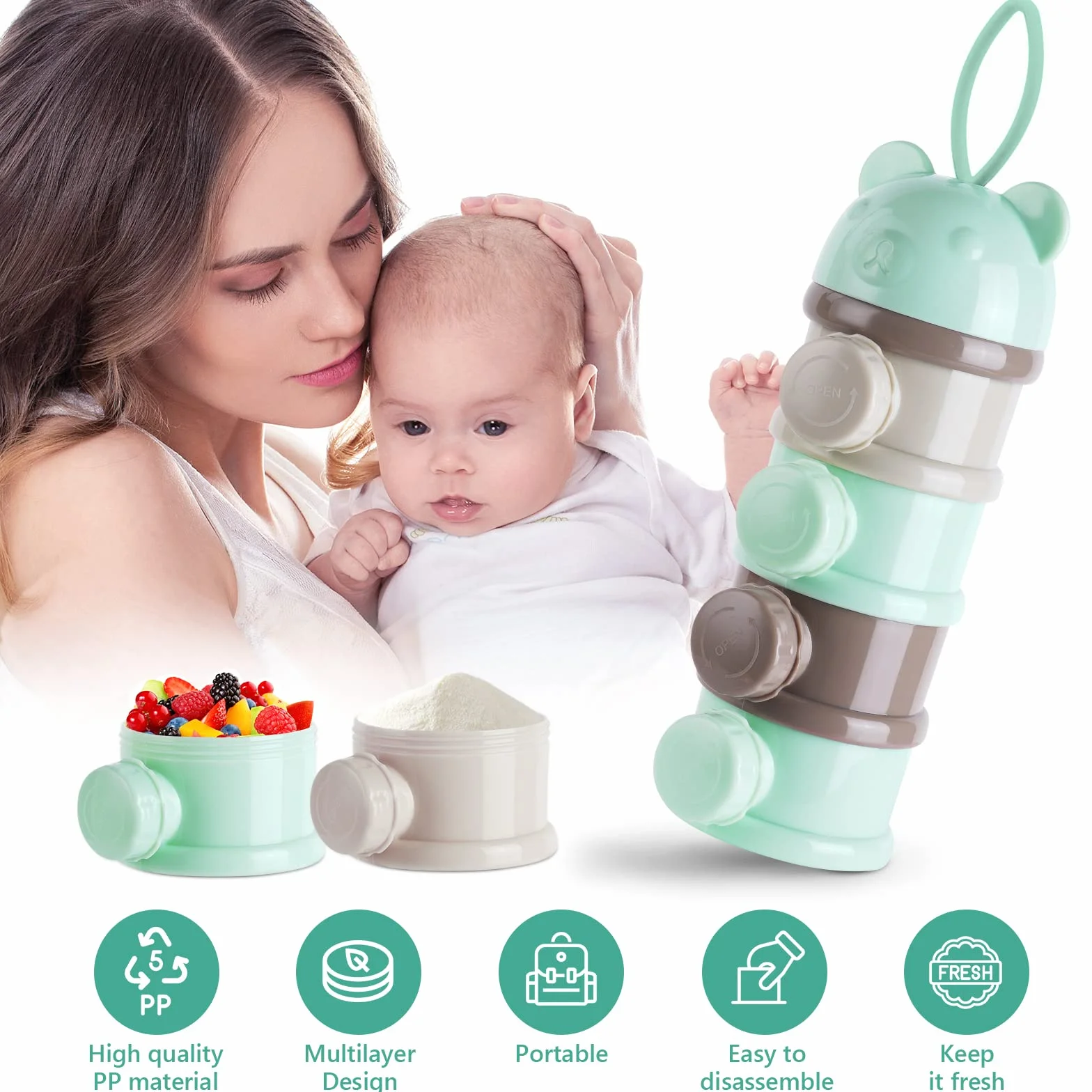 Vicloon Dozownik mleka w proszku dla niemowląt, przenośny 4 warstwy 270 ml na warstwę, przegródki Twist-Lock, pojemnik do przechowywania dla dzieci do układania w stos, dozownik mleka w proszku i