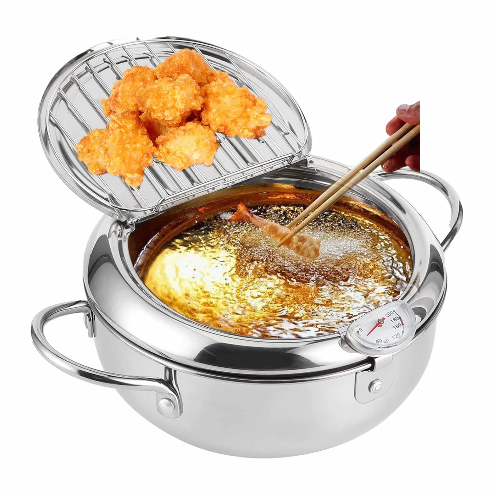frytkownica, japoński garnek do smażenia Tempura, frytkownica z termometrem, mały garnek ze stali nierdzewnej, pokrywka i ociekacz do frytek, ryb krewetek (20 cm)