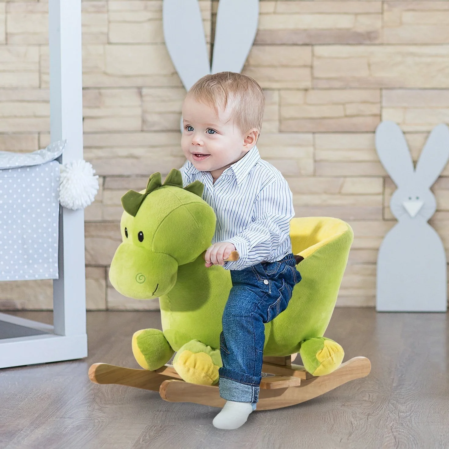 HOMCOM Zabawka bujana dinozaur pas bezpieczeństwa efekt dźwiękowy 32 piosenki Wood Plush Green