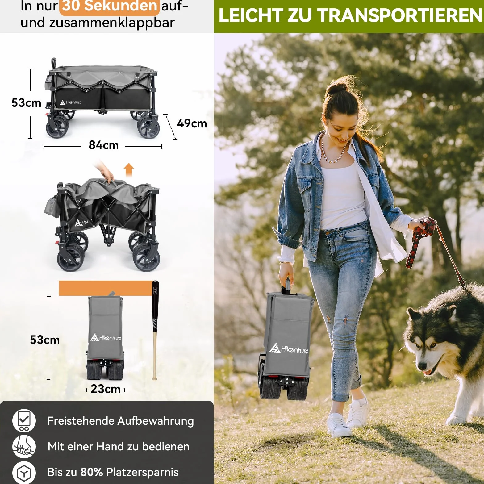 HIKENTURE Składany wózek transportowy, 135 l, obciążenie 150 kg, wózek transportowy składany z szerokimi oponami, składany wózek ręczny z hamulcami, wózek na zakupy, kolor czarno-szary