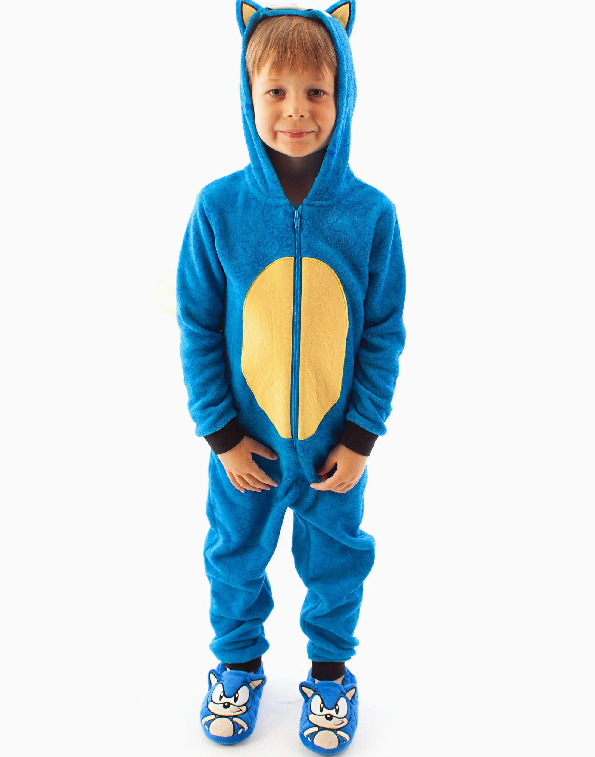 Sonic The Hedgehog Onesie dla chłopców i dziewcząt | dziecięcy niebieski miękki kombinezon do spania z kapturem na twarz Sonic i uszami 3D | Piżama dla dzieci w jednym | Prezent dla gracza
