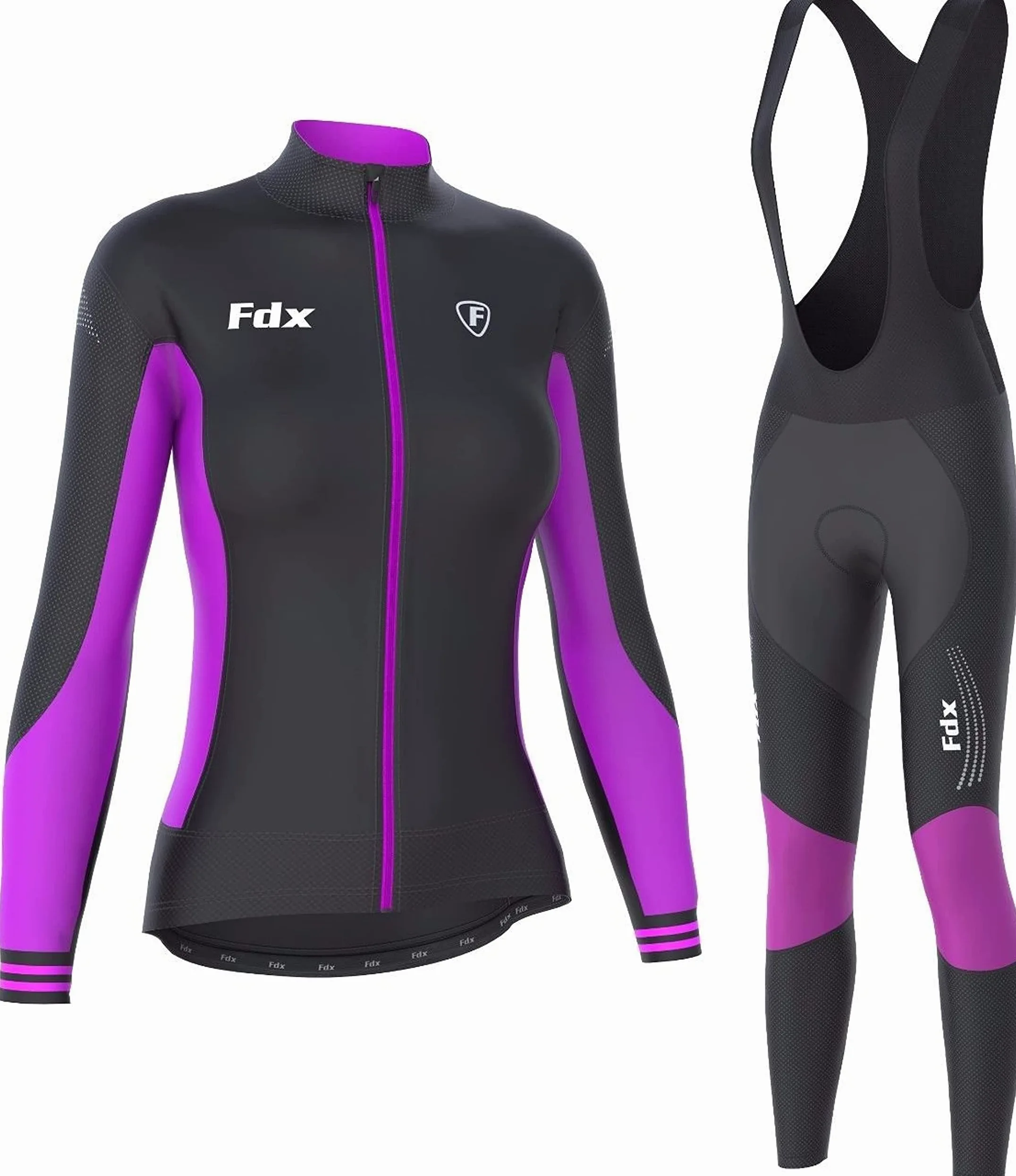 FDX Damska koszulka kolarska Thermodream zimowa ocieplana termicznie rajstopy na szelkach zestaw Combo (czarny/fioletowy, XL)