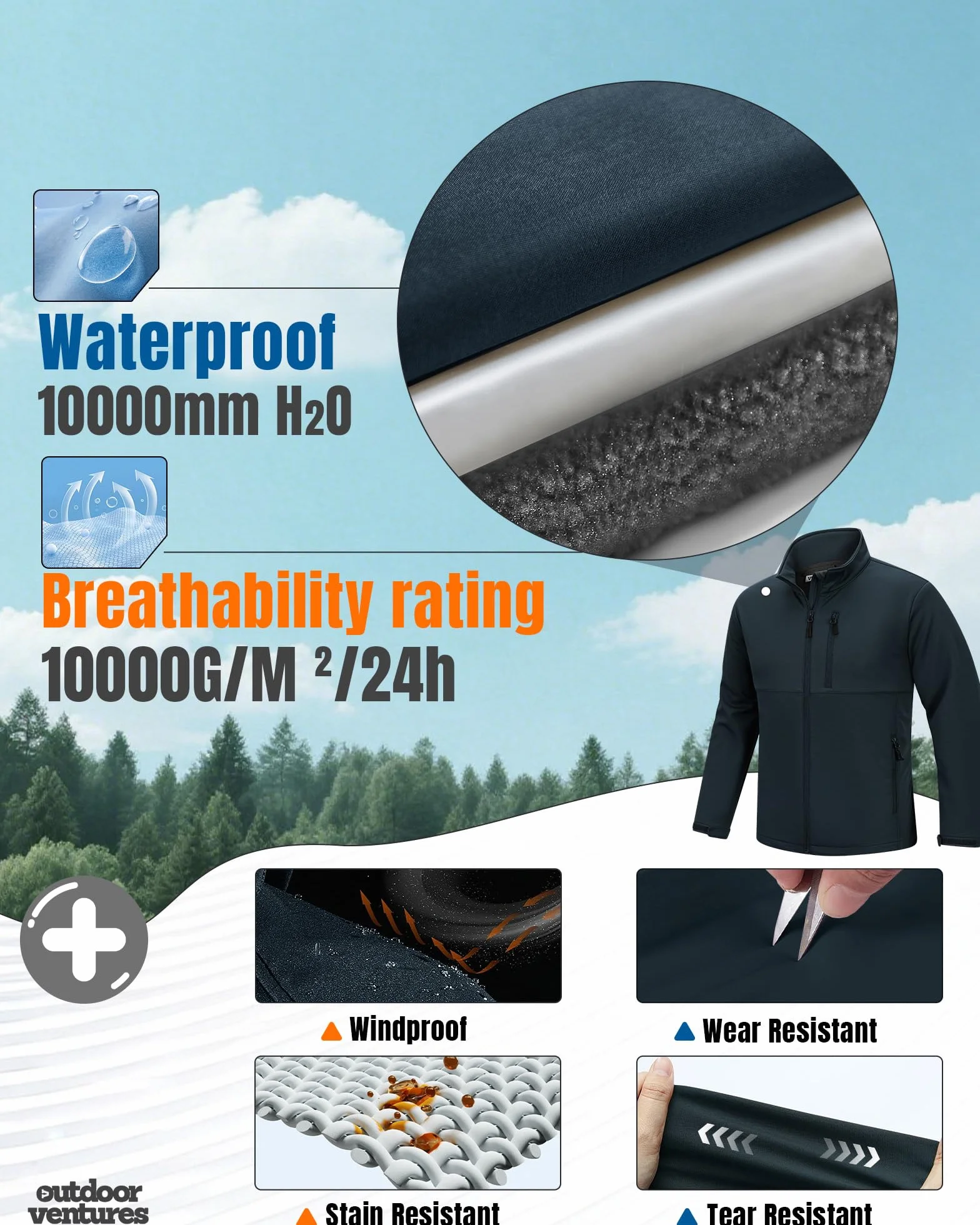 Outdoor Ventures Kurtka softshellowa męska wodoszczelna oddychająca turystyczna wiatrówka lekka sportowa