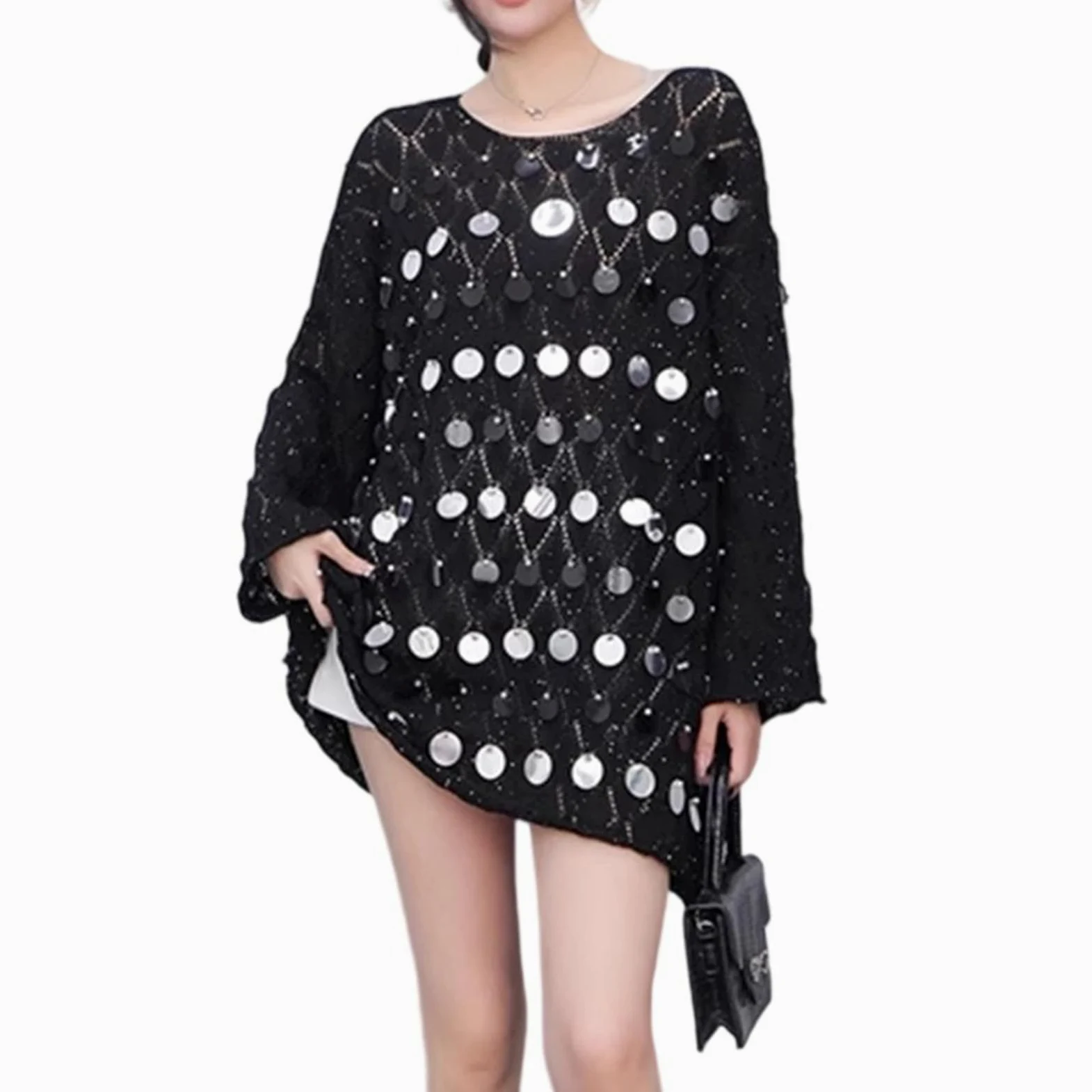 Damski oversizowy sweter brokatowy cekinowy Hollow Out z długim rękawem luźna dzianinowa koszula sweter Top