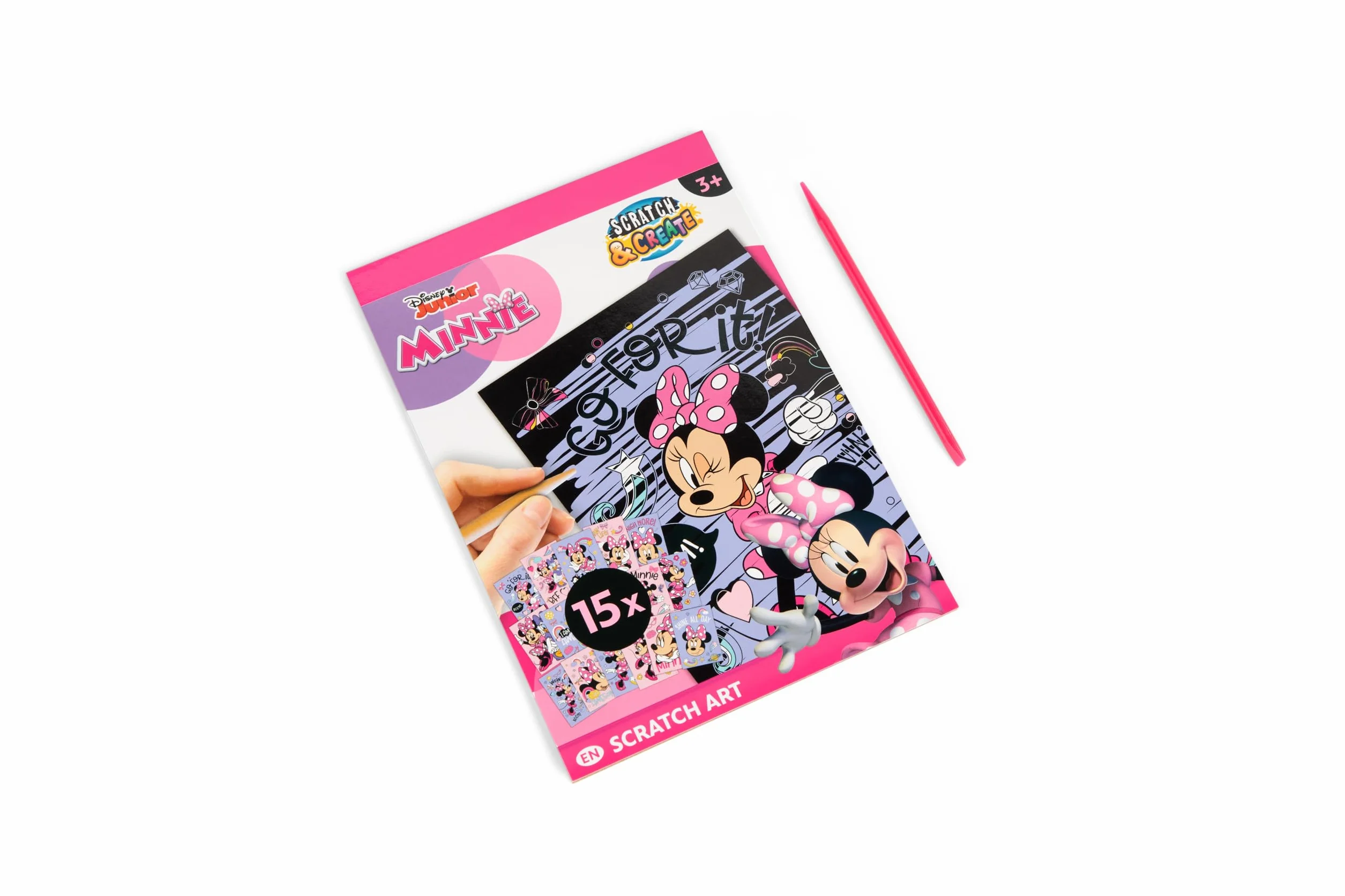 Disney Minnie Mouse Obrazki do zdrapywania książka A5 dla dzieci, zestaw z 15 motywami, w zestawie drewniany pisak do drapania, efekt tęczy, kreatywny zestaw od 3 lat
