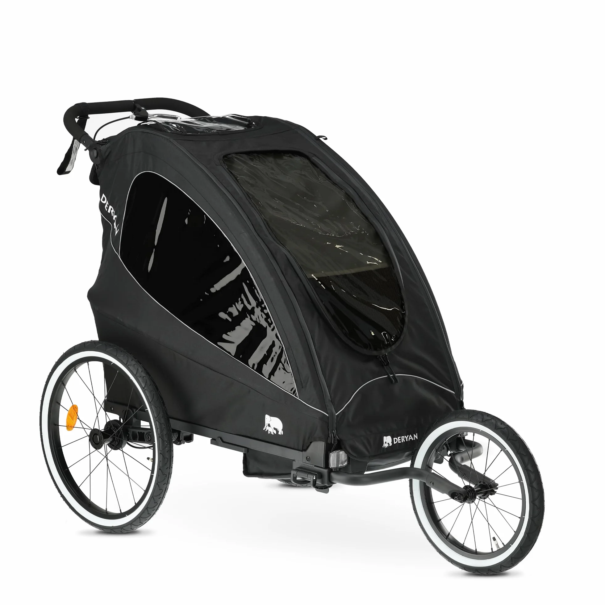 Deryan Przyczepa rowerowa dla dzieci 3 w 1 i jogger dla 1 dziecka, wielofunkcyjny, składany, zawieszenie, regulowany drążek przesuwny, pasy bezpieczeństwa, odblaski, kolor czarny