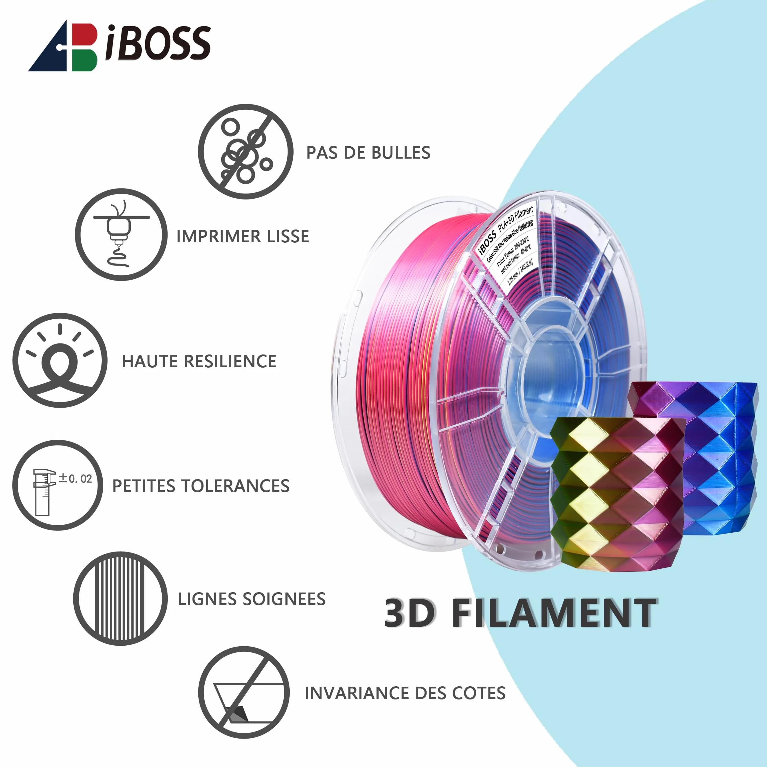 iBOSS Jedwabny PLA+ filament 1,75 mm trójkolorowy, lśniący połysk, do drukarek 3D FDM, dokładność wymiarowa +/- 0,02 mm, szpula 1 kg (2,2 lbs), Jedwabny Czerwony-Żółty-Niebieski