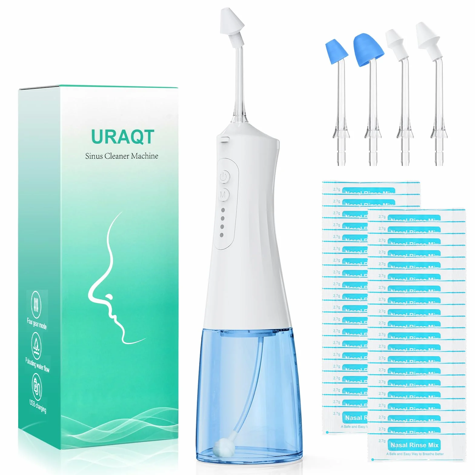 URAQT Neti Pot Elektryczny środek do czyszczenia nosa, zestaw do płukania zatok Neti Pot z 40 pakietami soli do mycia nosa i 4 wymiennymi końcówkami, płukanie zatok nosowych dla dorosłych i dzieci