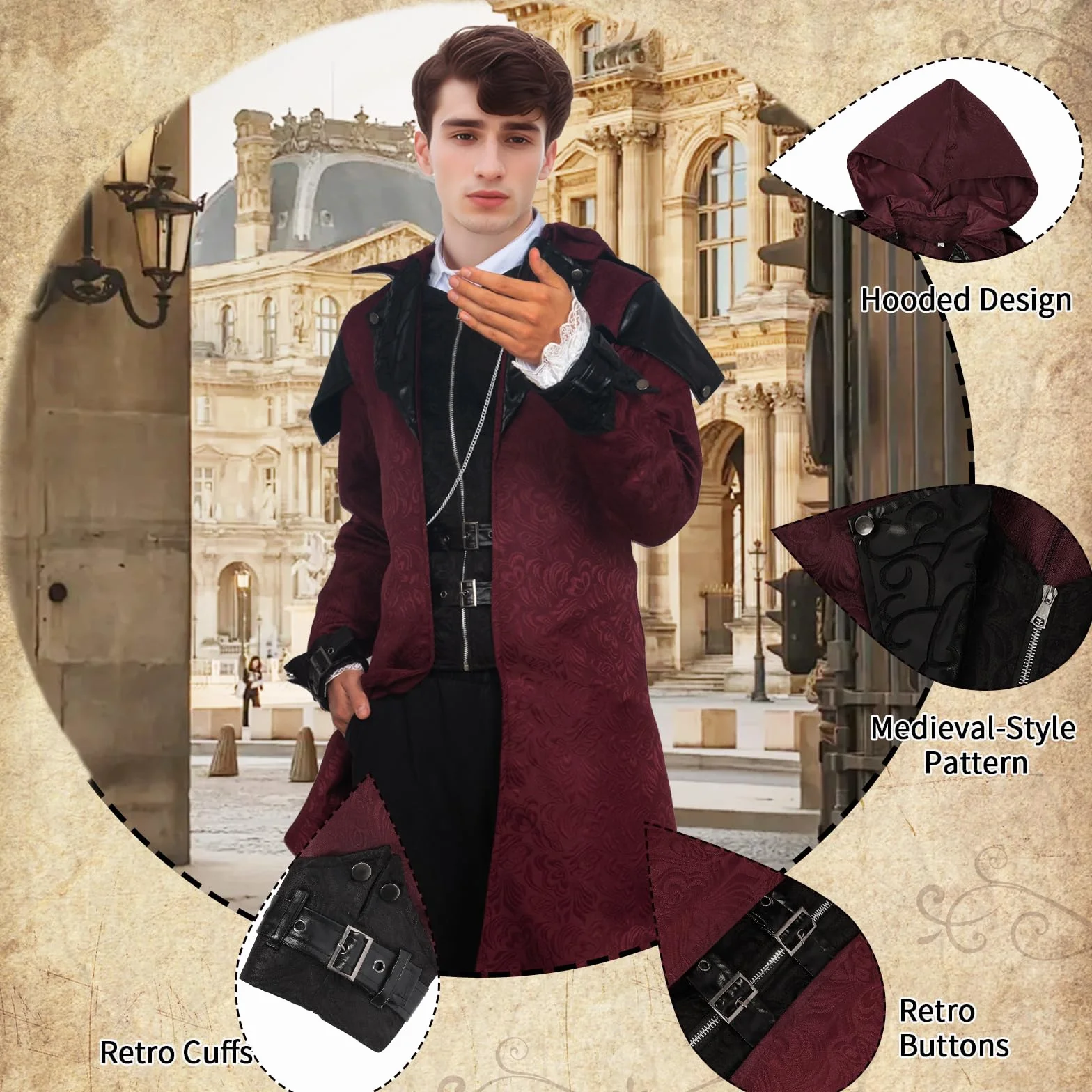 Steampunk Męska kurtka z kapturem, gotycki frak, płaszcz męski, średniowieczny wiktoriański pałac vintage, płaszcz na Halloween, karnawał, imprezę, strój Cosplay