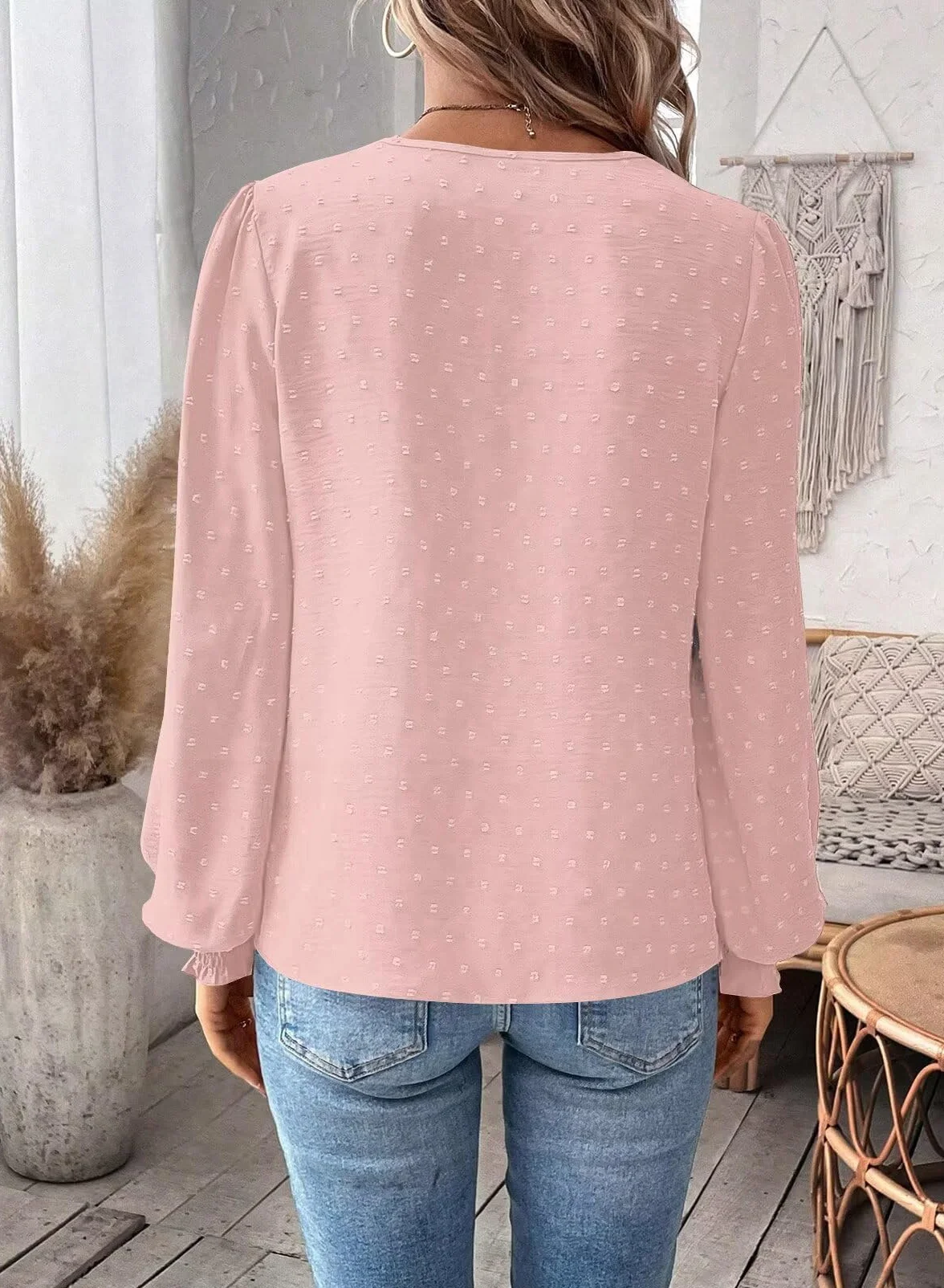 Elegancka Koszulka Damska Długim Rękawem Koszulki Dekoltem W Serek Jesień Boho Casual Falbany Koszula Odzież Top