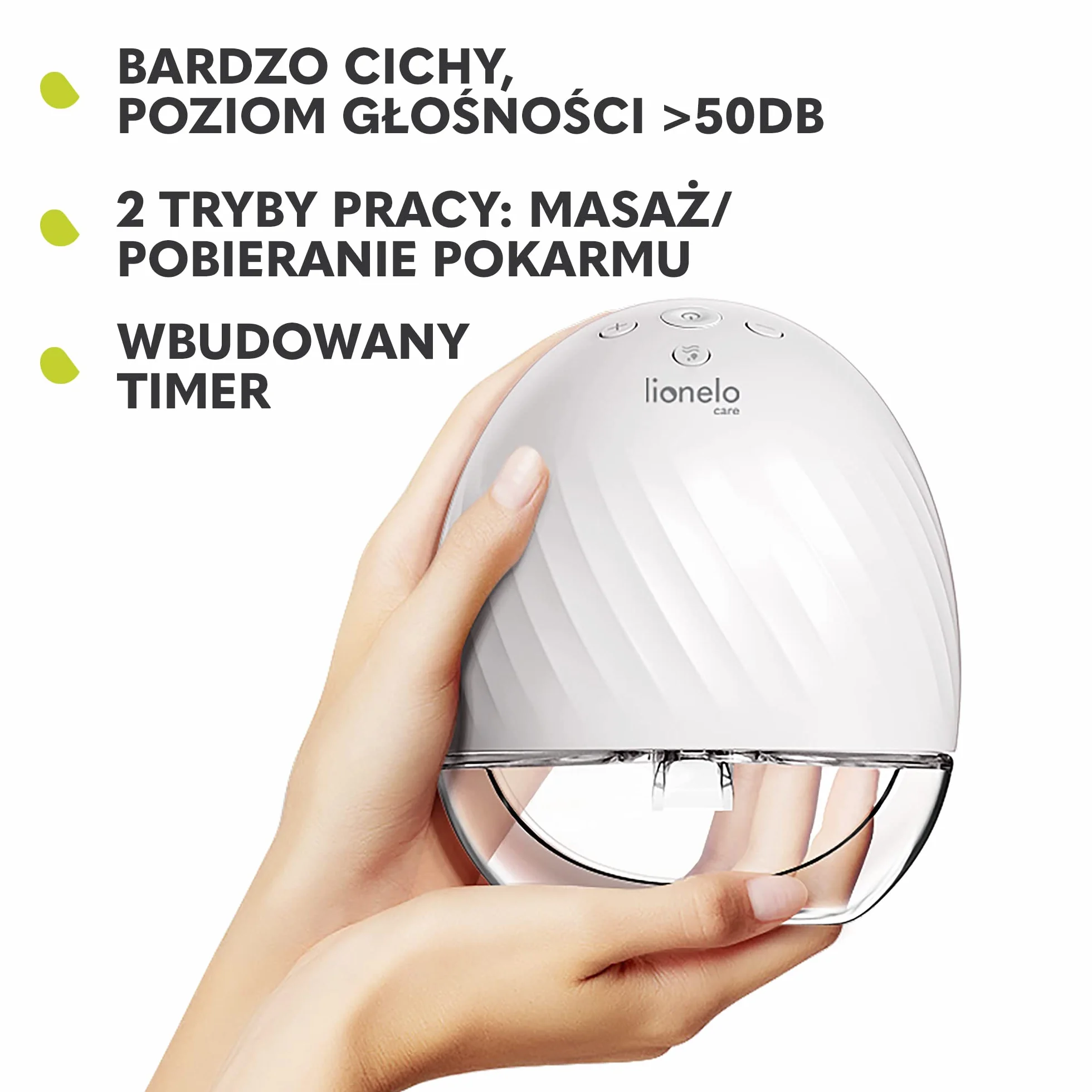 LIONELO Fidi Free Laktator Muszlowy Hands-Free 2 Tryby Pracy Funkcja Masażu 5 poziomów intensywności 3 rozmiary silikonowych lejków Pojemność 150 ml Energooszczędny Cicha Praca Timer