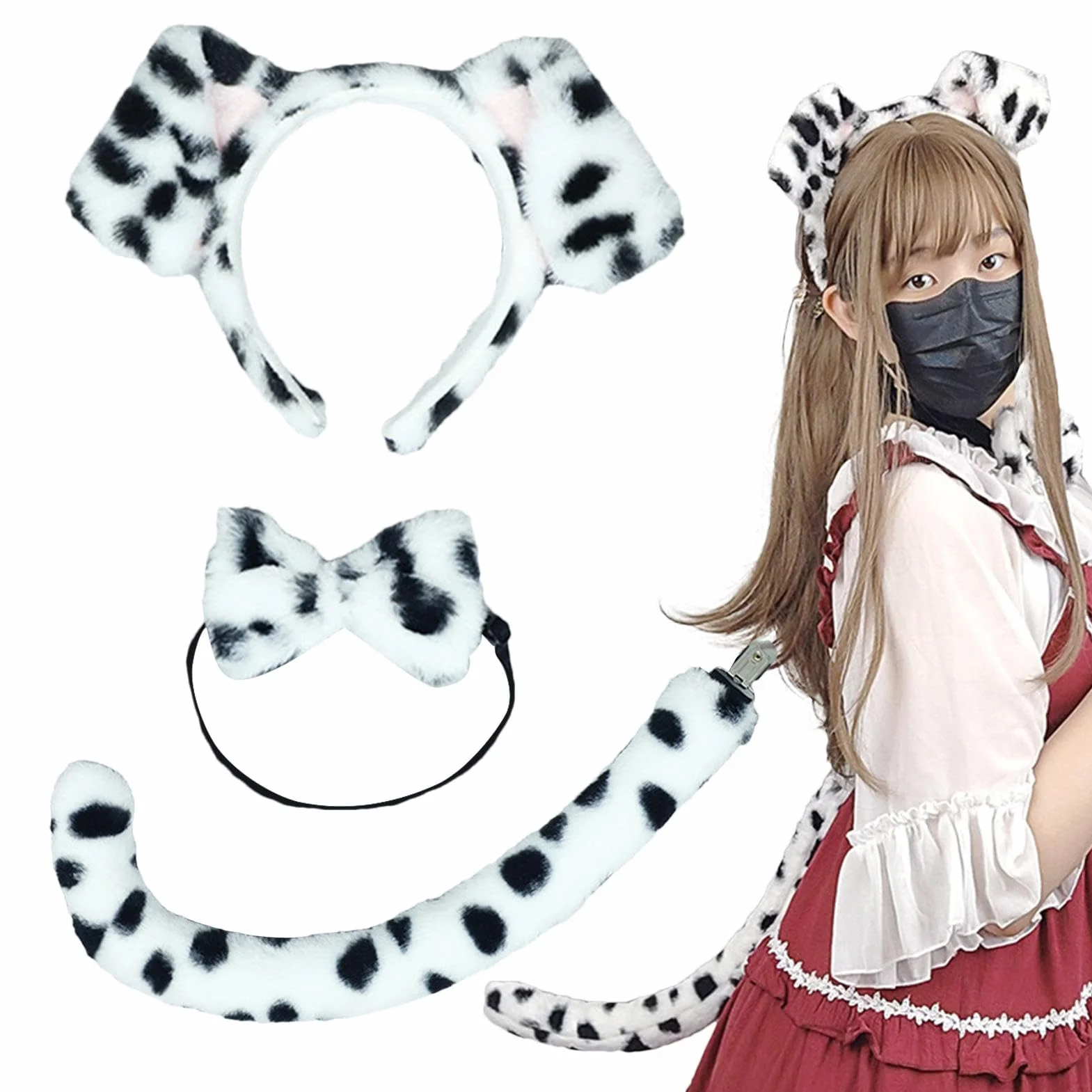 Opaska na głowę dla psa i ogon, opaska na głowę, kostium z muszką, akcesoria na imprezę, cosplay, zestaw akcesoriów na imprezę halloweenową
