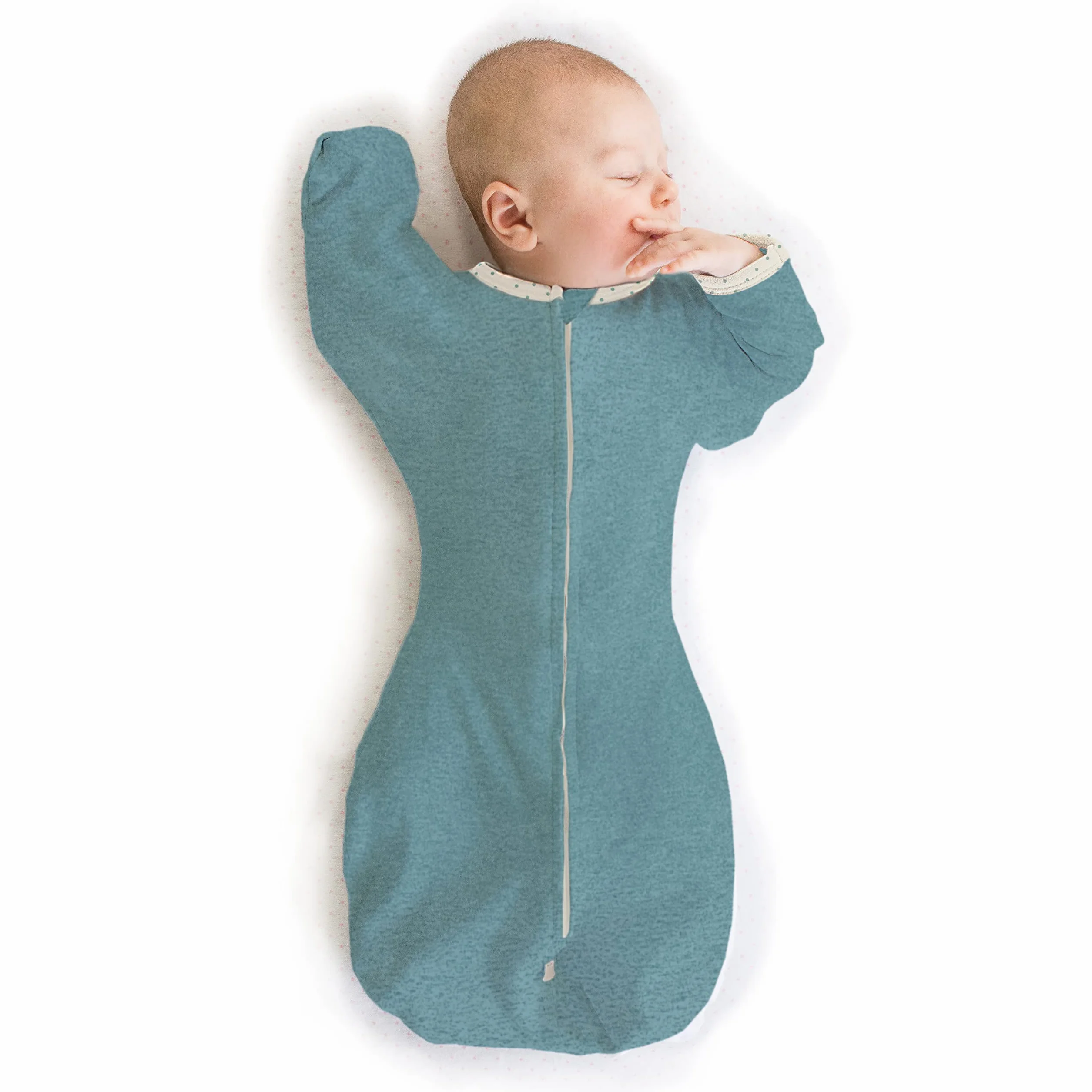 SwaddleDesigns Przejściowy worek do przewijania z rękawami do połowy długości i mankietami rękawiczek, wrzosowy turkusowy z wykończeniem w kropki, mały, 0-3 mies, 2,7-6,4 kg (lepszy sen, łatwe