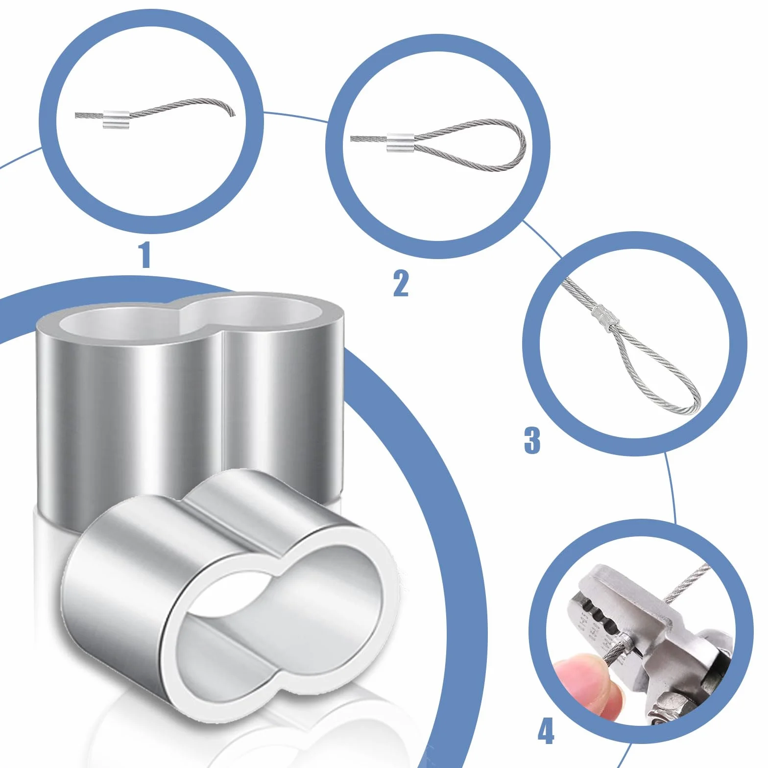 Kotkiddy® 50 sztuk zacisków dociskowych, 6 mm, podwójne tuleje zaciskowe z aluminium, 6 mm, aluminiowa złączka zaciskowa do liny gumowej