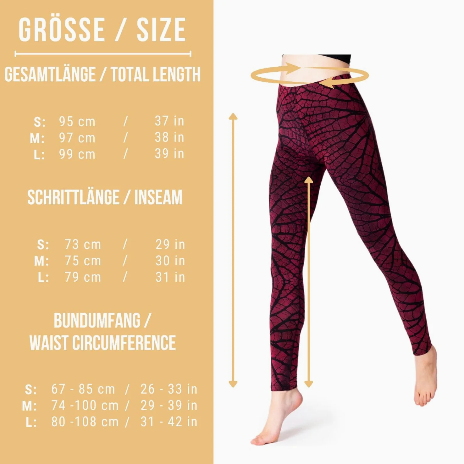 PANASIAM Batik Leggings Liści damskie - legginsy ze strukturą liścia - Do jogi, sportowe, fitnessu - naturalny materiał - wygodny - sportowy - modny