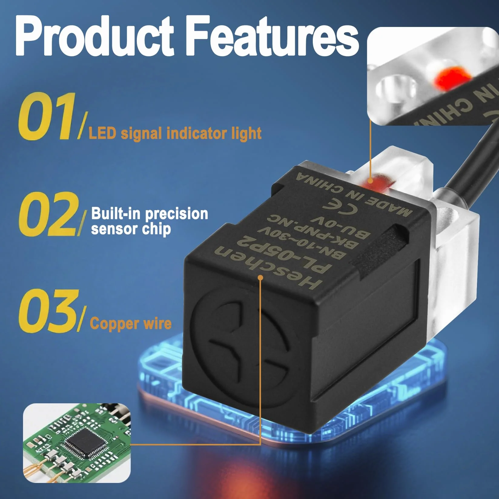 Heschen Kwadratowy czujnik zbliżeniowy indukcyjny przełącznik typ non-Shield PL-05P2 odległość detektora 5 mm 10-30 VDC 200 mA PNP normalnie zamknięty (NC) 3 przewody