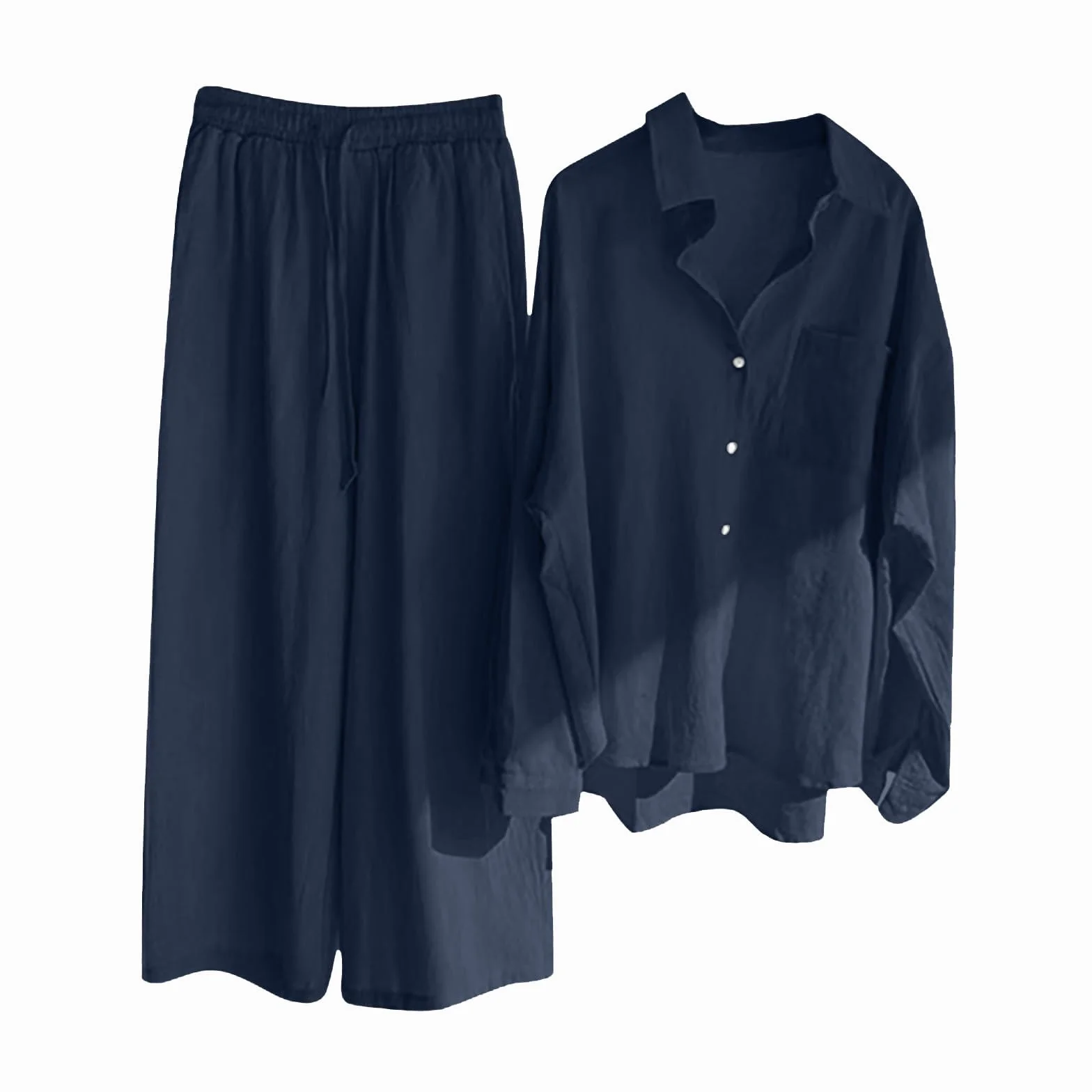 Damska koszula plus size 22 lniane co-Ord UK - letnia koszula z długim rękawem i spodnie z szerokimi nogawkami, damski 2-częściowy strój na plażę, wakacje, wyjścia, dresy wypoczynkowe