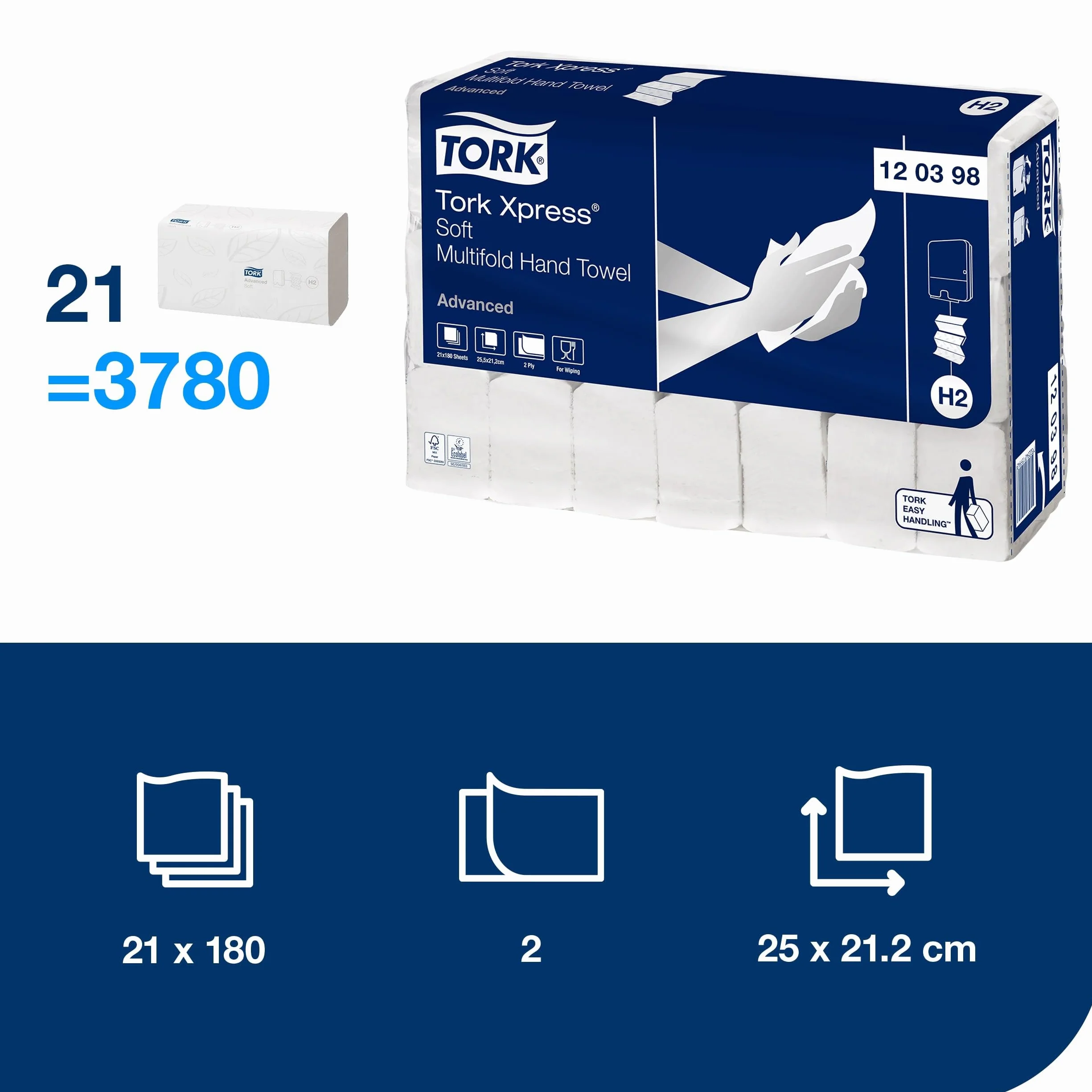 Tork Xpress miękkie ręczniki składane białe H2, zaawansowana jakość, 2-warstwowe, składane w zygzak, chłonne, 21 × 180 ściereczek, 120398