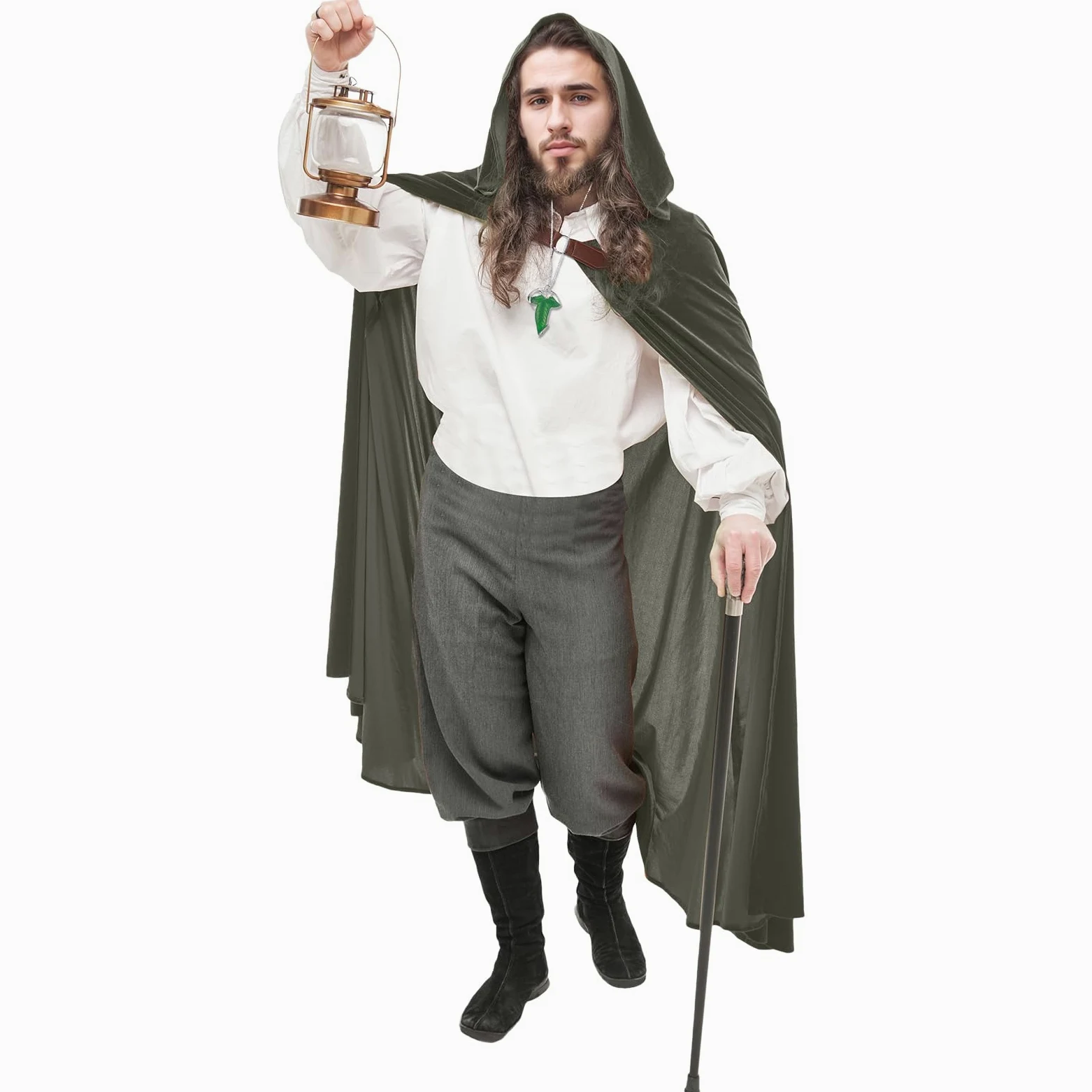 Renaissance peleryna z kapturem z zielonymi liśćmi, broszka, średniowieczna odzież, unisex, Halloween, średniowieczny płaszcz z kapturem