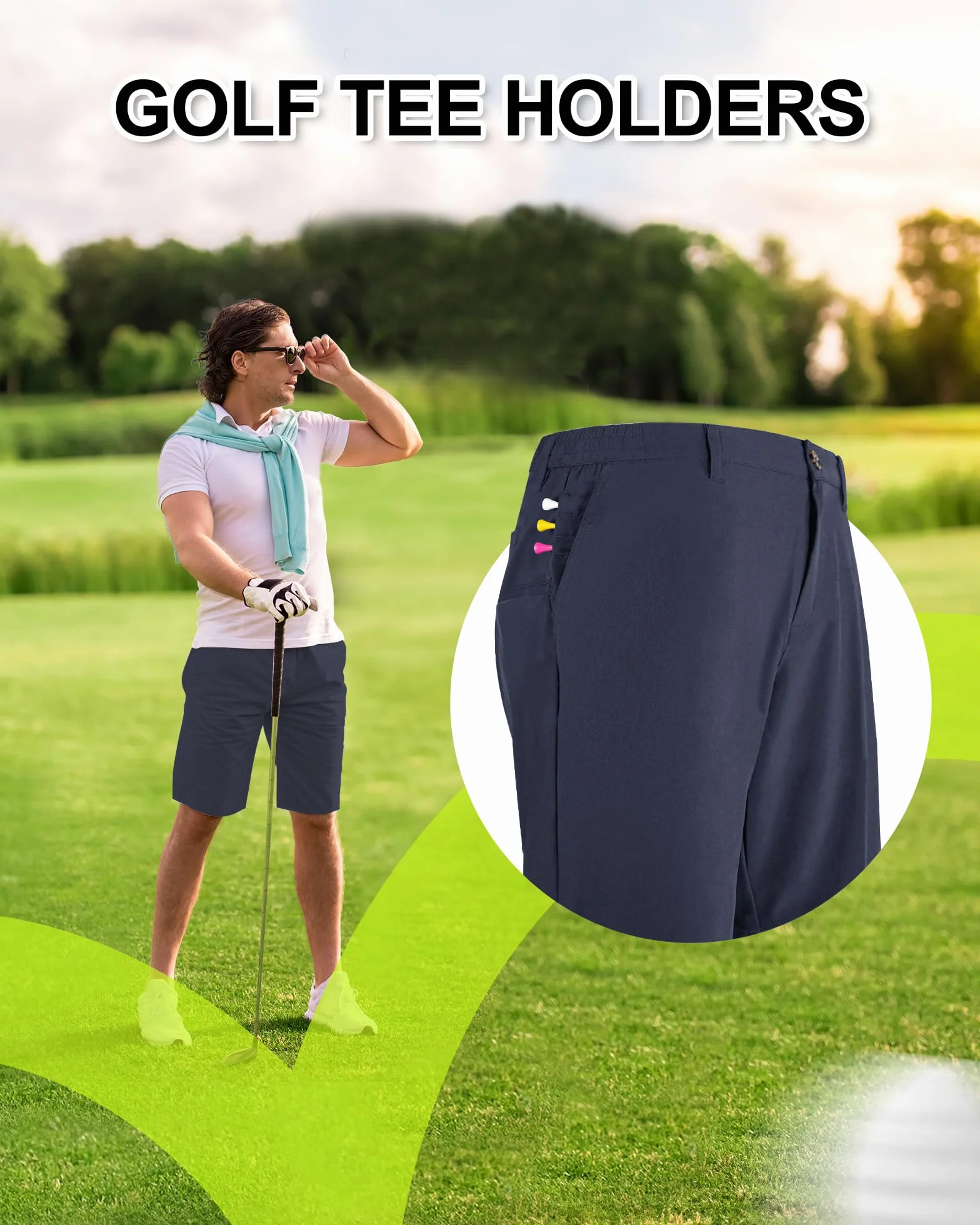 Outdoor Ventures Męskie szorty golfowe UPF 50+, elastyczne spodenki golfowe, lekkie, szybkoschnące, 20 cm, krótkie spodnie golfowe z 3 uchwytami na herbatę i kieszeniami do gry w golfa