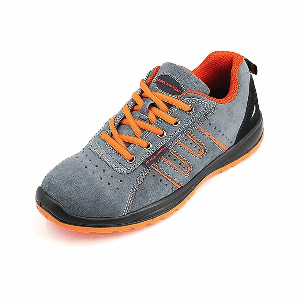 JOMIX Buty ochronne dla mężczyzn i kobiet, buty robocze dla chłopców, antypoślizgowe, wzmocniona końcówka, stal, 04 szary pomarańczowy, 47 EU