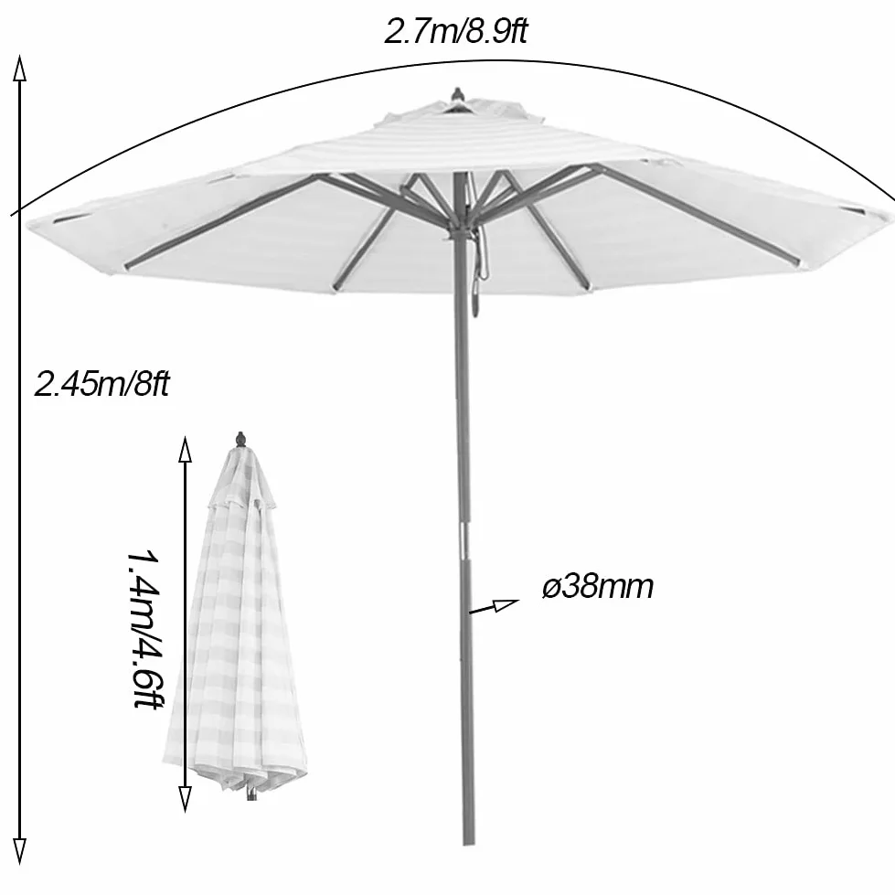 Parasol Stołowy O Długości 2,7 M / 8,9 Stopy, Parasol Plażowy W Paski, Drewniany Parasol O Dużej Wytrzymałości, Parasol Ogrodowy, Przenośny Parasol Kempingowy