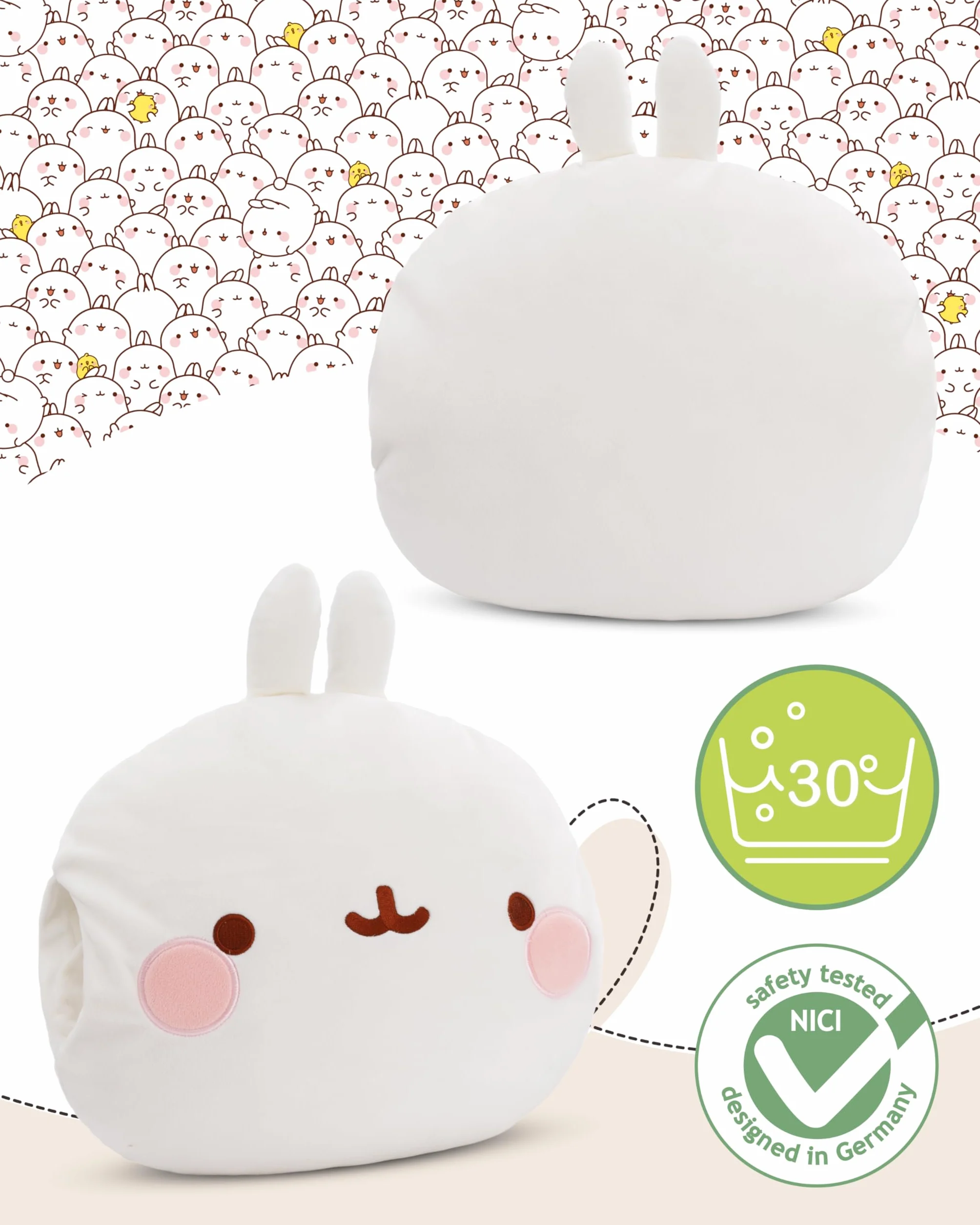 NICI Pluszowa mufka Molang 33×33×10 cm – puchaty ocieplacz do rąk z twarzą Molanga, idealny na chłodne dni | 61169