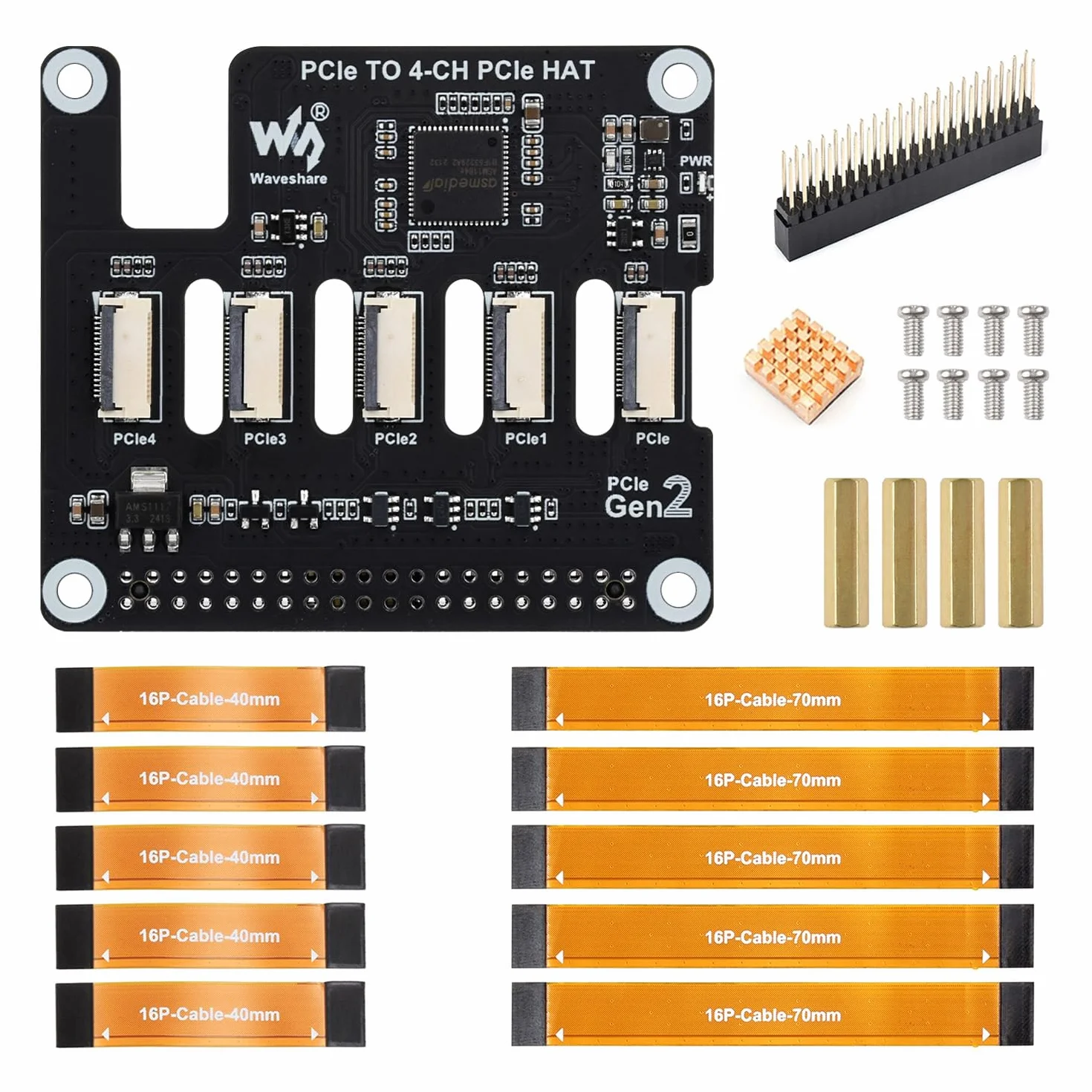 Waveshare 4-Ch PCIe FFC Adapter Board for Raspberry Pi 5, Expands The PCIe Interface Of The Pi 5 To 4-Ch PCIe FFC Connectors, Supports Stacking Multiple PCIe HATs, Raspberry Pi 5 PCIe HAT