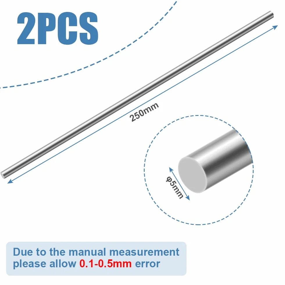 OFFCUP Okrągłe pręty ze stali nierdzewnej, 304 stal nierdzewna solidna okrągła pręt, 5 mm x 250 mm pręty ze stali nierdzewnej do majsterkowania, 2 szt