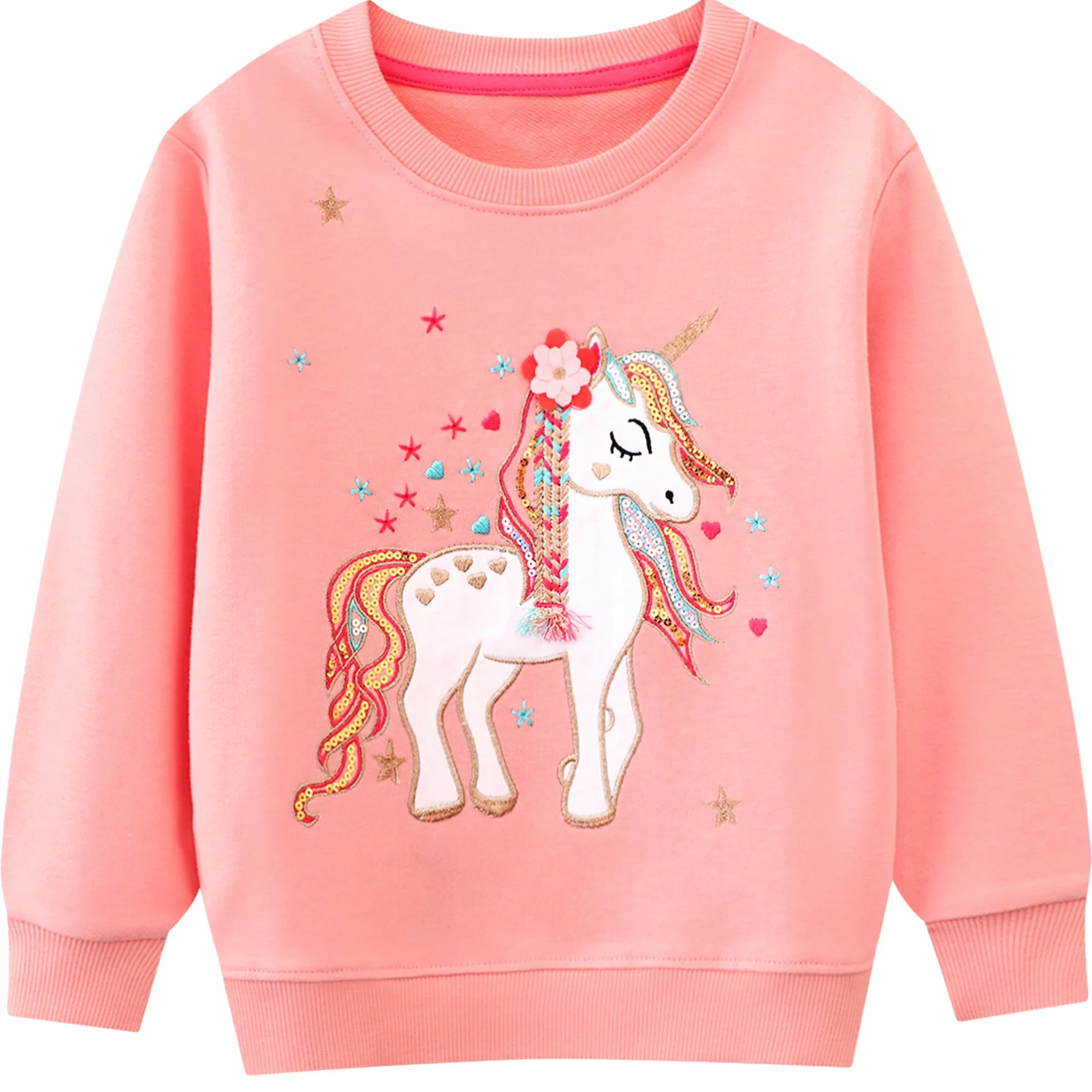 JinBei Bluza dla dziewczynek dzieci sweter bawełniany top casual sweter maluch jednorożec nadruk koń koszulka z długim rękawem wiek 2-7 lat, rozm. 92-122