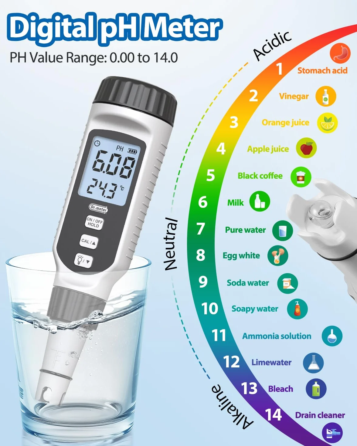Miernik pH, Dr.meter miernik pH wody 0.01 Wysokoprecyzyjny miernik wartości pH z alarmowym wyświetlaczem LCD i automatyczną kompensacją temperatury dla wody, akwarium, stawu, basenu z proszkiem
