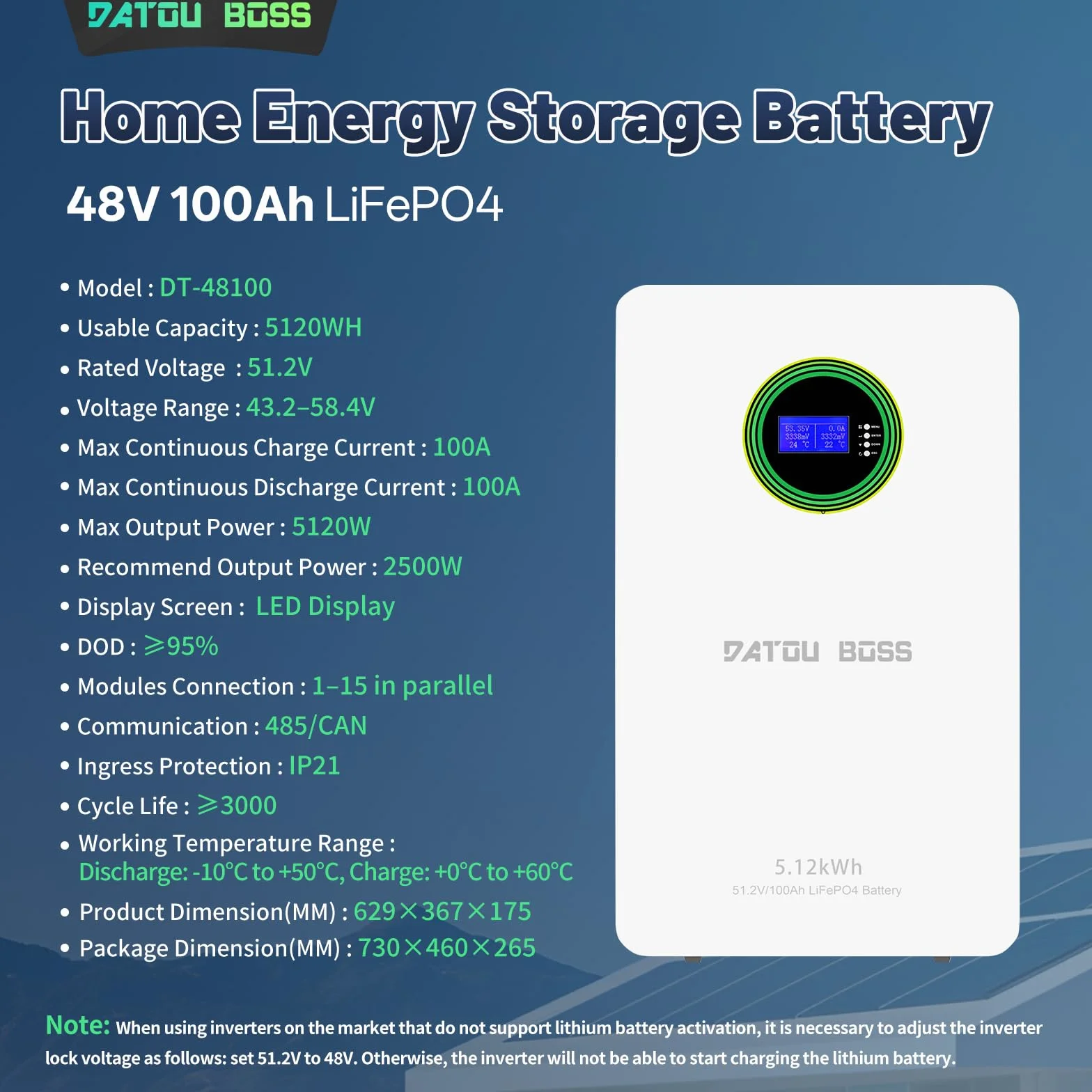 DATOUBOSS Akumulator LiFePO4 48V 100Ah 5,12kWh, 8000+ cykli, litowa bateria magazynująca energię z BMS, montaż na ścianie, RS485/CAN, możliwość rozbudowy równoległej, do instalacji PV, off-grid, domu