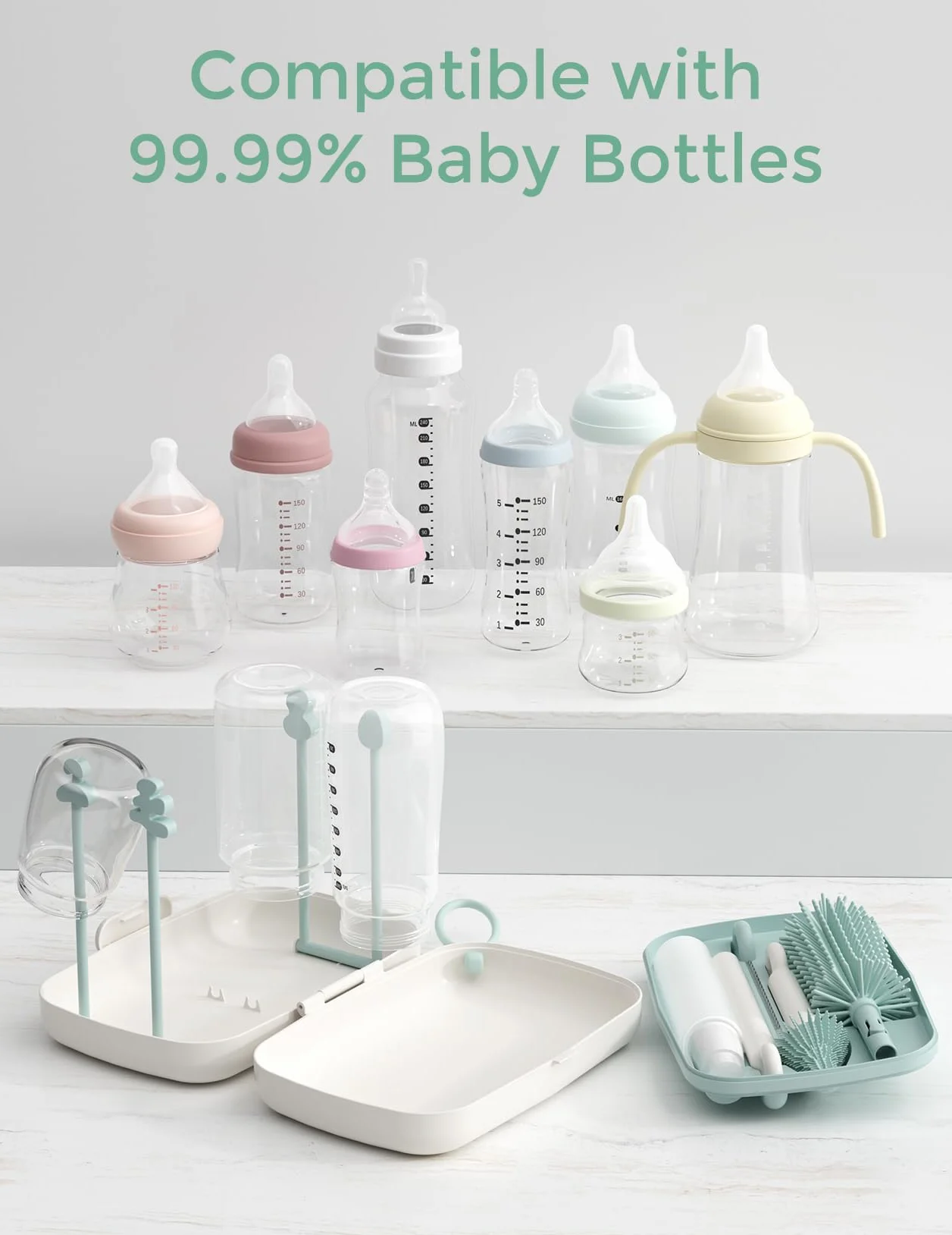 Momcozy Zestaw szczotek do butelek – zestaw do czyszczenia butelek dla niemowląt z silikonową szczotką, szczotką do sutków, szczotką do słomki, dozownikiem mydła, stojakiem do suszenia, narzędzie do