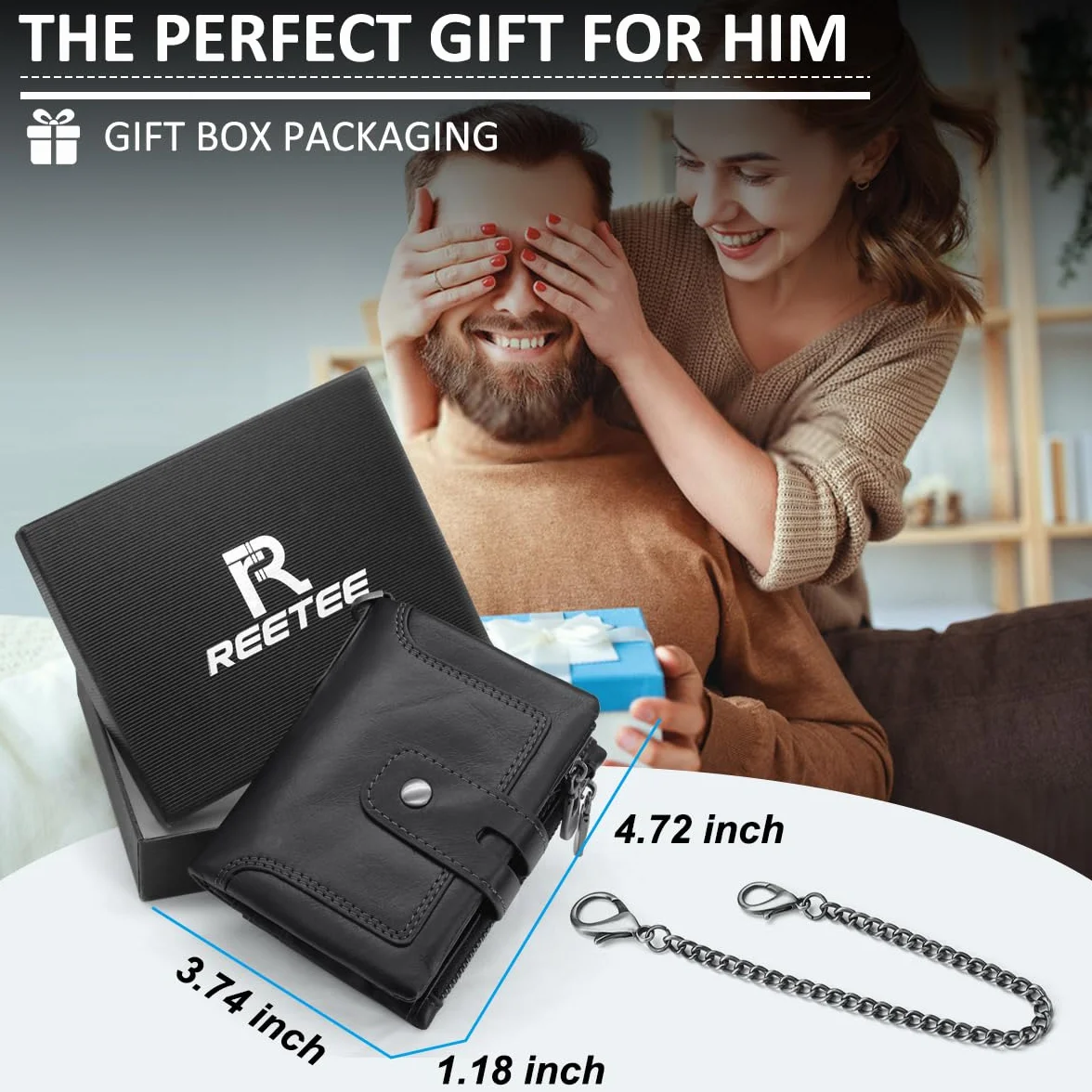 REETEE Męski skórzany portfel blokujący RFID 16 miejsc na karty z łańcuszkiem czarny srebrny 9.5 cm x 12 cm x 2.5 cm