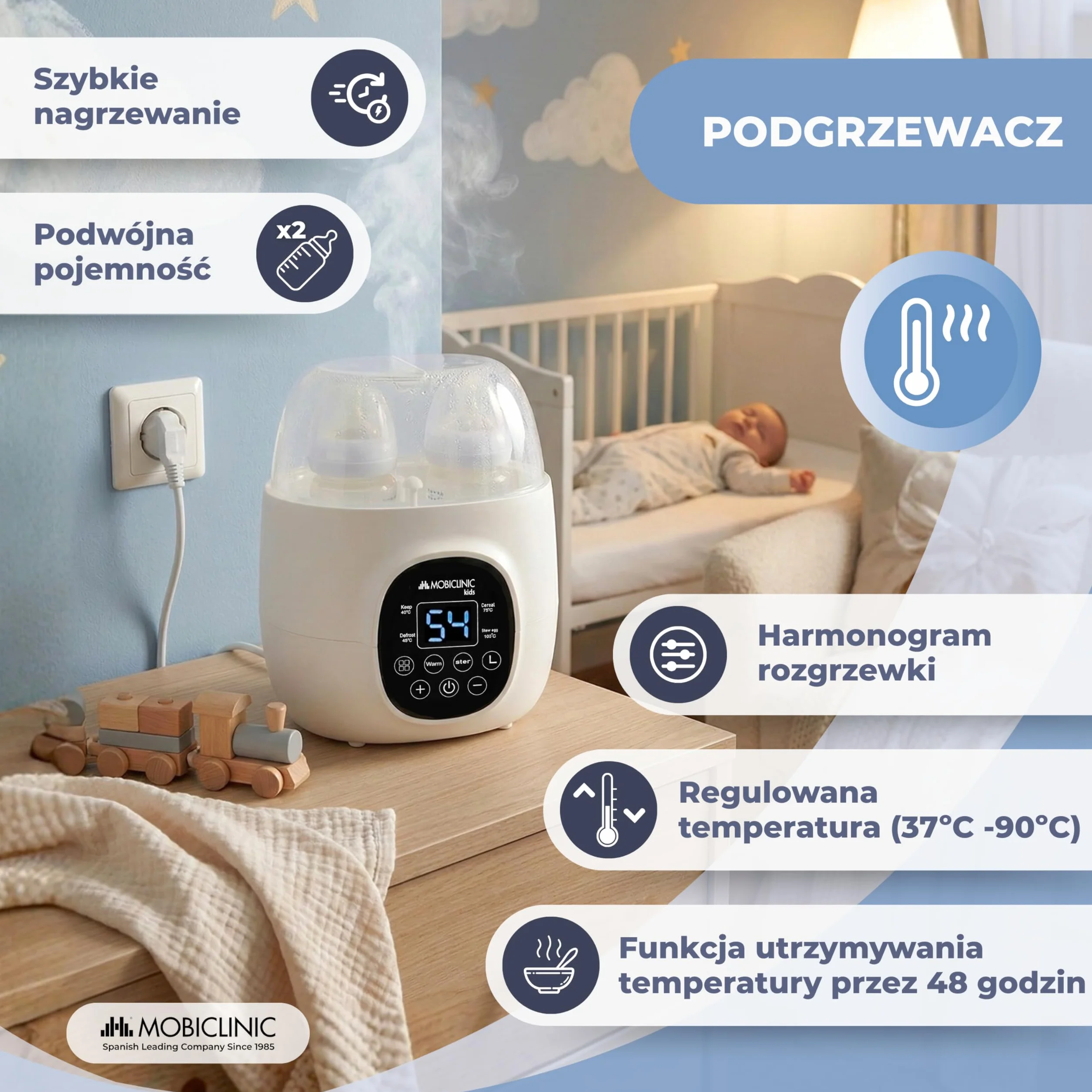 Mobiclinic®, Podgrzewacz i Sterylizator do Butelek, 6 w 1, Podwójna Pojemność, Rozmrażanie, Programowalny, Utrzymuje Temperaturę, Szybkie Nagrzewanie, Ekran LCD, Kompaktowy, Przenośny, Bibidu