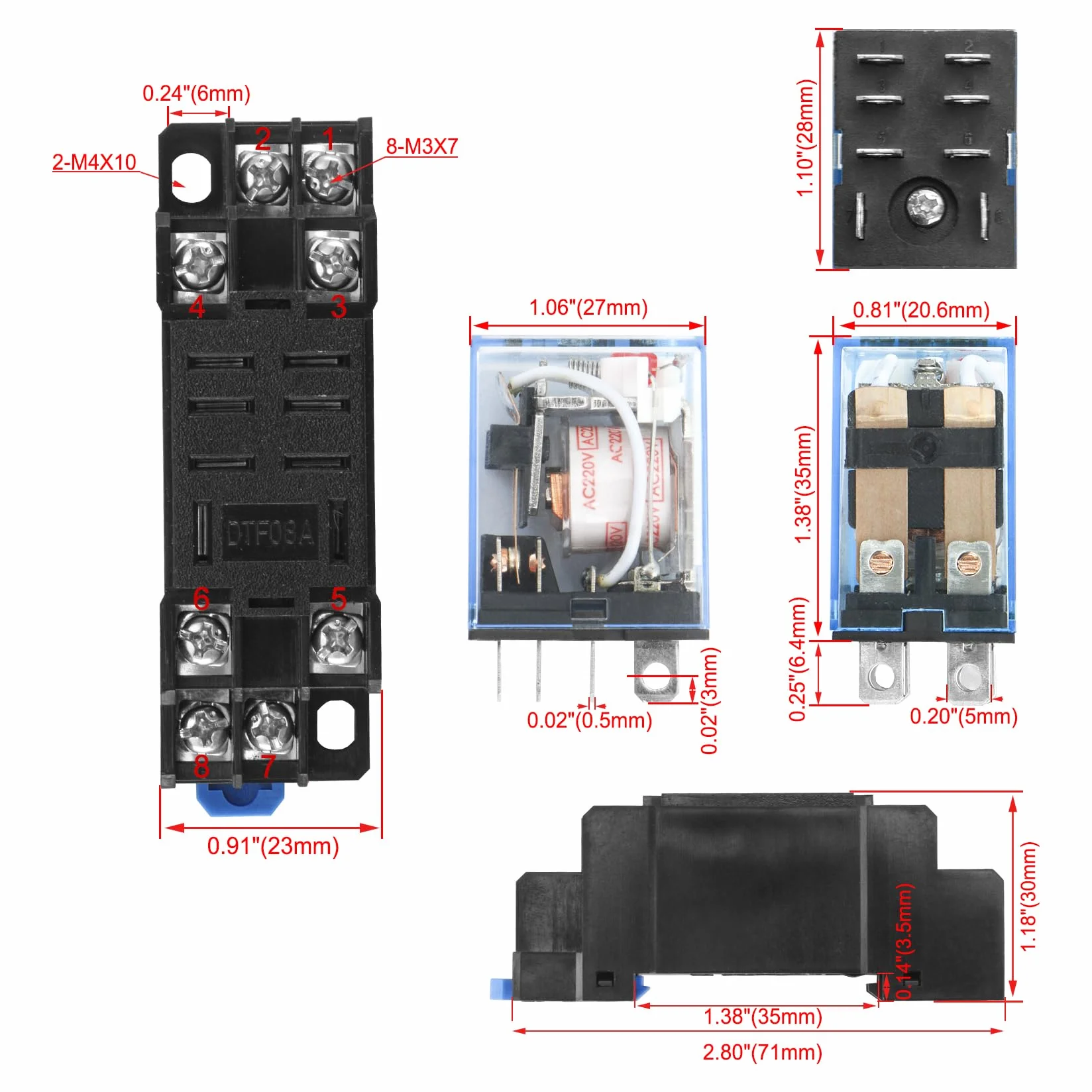 Heschen Przekaźnik uniwersalny LY2NJ, cewka 220 VAC, 10 A 24 VDC/220 VAC, DPDT, wyświetlacz LED, z podstawą cokołu