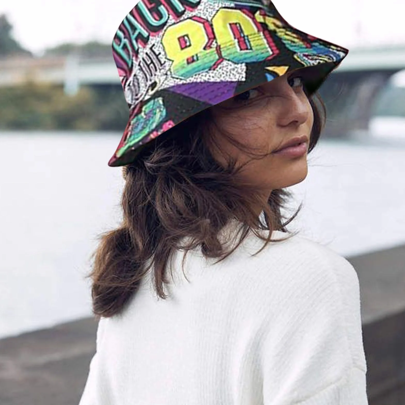 BelleVive Kapelusz typu bucket retro lata 80. 90. modny unisex dwustronny kapelusz rybacki dwustronny kapelusz przeciwsłoneczny pakowalna czapka przeciwsłoneczna lata 90. 80. akcesoria dla kobiet