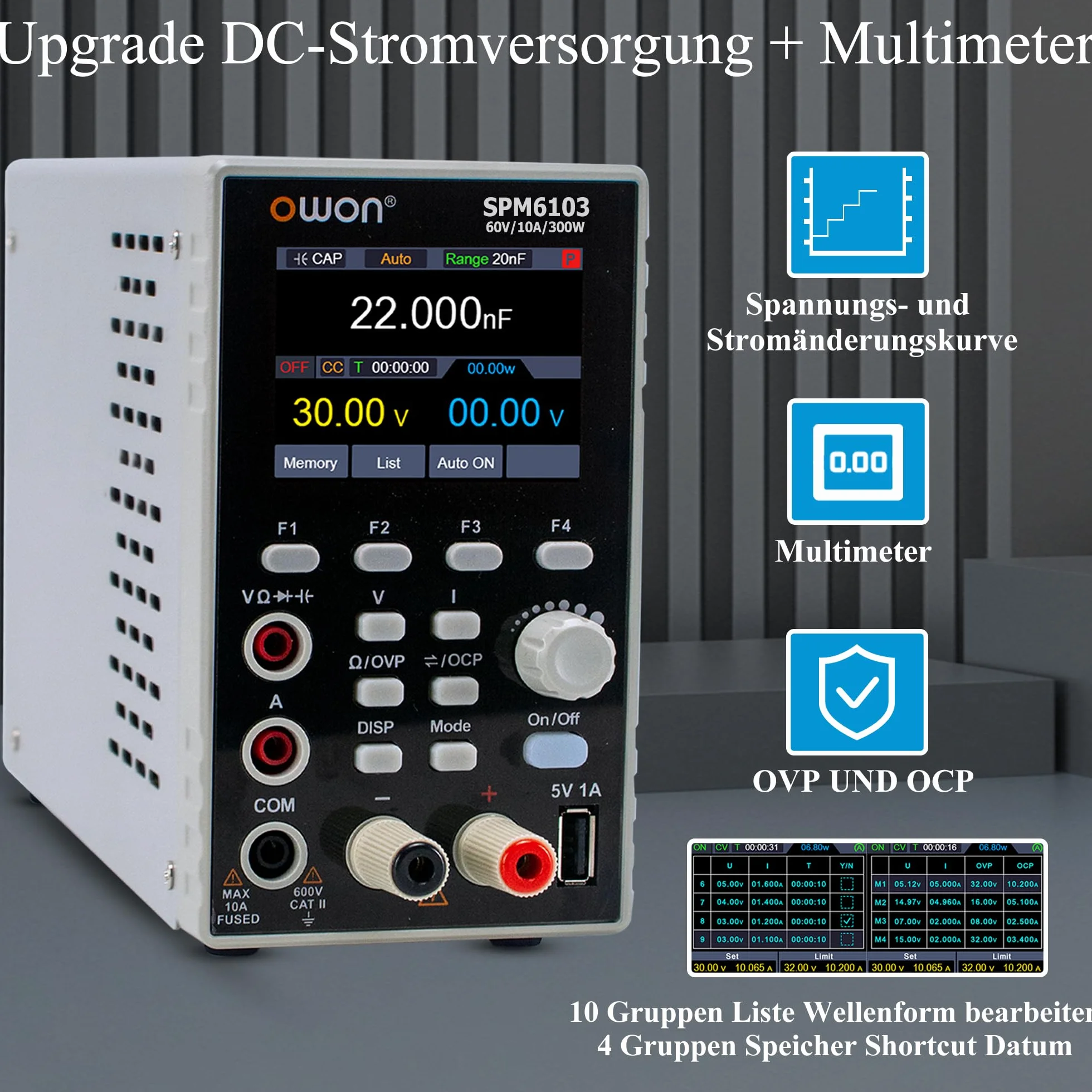 OWON Zasilanie DC Z Multimetrem 2 W 1, Moliwo Regulacji, Zasilanie Laboratoryjne, 10 MV/1 MA, Wysoka Rozdzielczo, 4 1/2 Cyfrowy Multimetr, Wywietlacz 2,8 Cala (300 W/60 V/10 A/SPM6103)