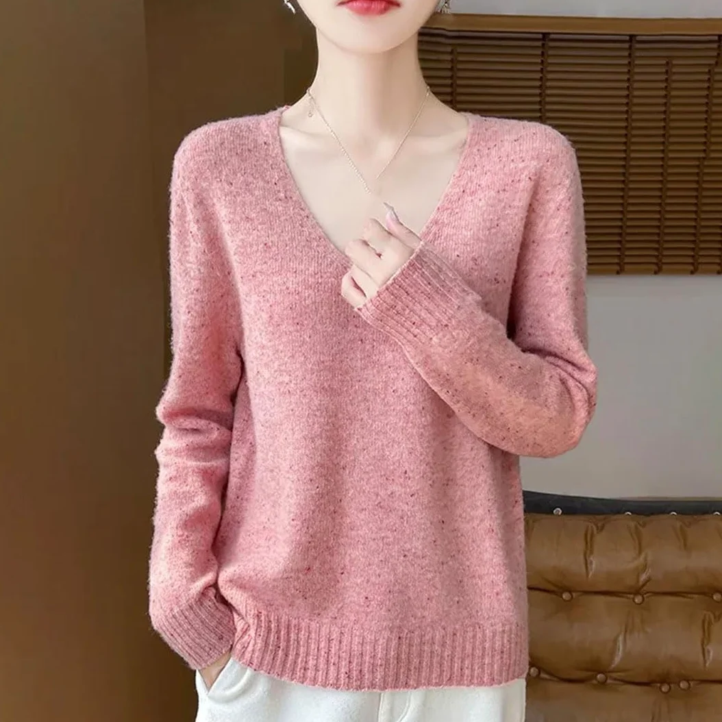 Damski kaszmirowy sweter z dekoltem w serek koreański sweter oversize swetry na co dzień luźne dzianinowe topy