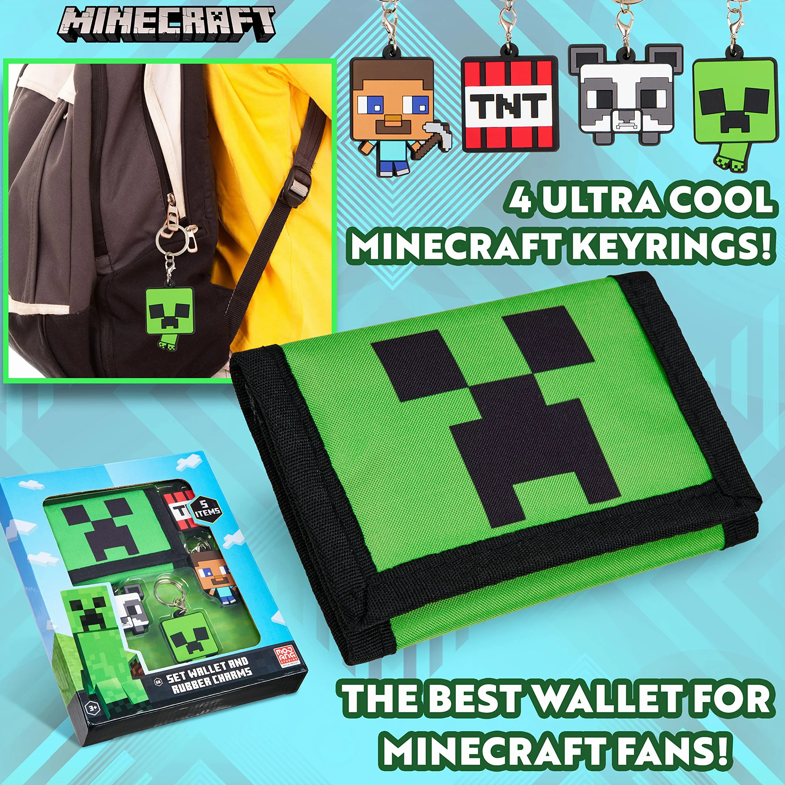 Minecraft Portfel chłopięcy z przegródkami na karty i kieszenią na monety z zamkiem błyskawicznym - breloki Creeper dla dzieci akcesoria dla graczy, zestaw upominkowy - prezenty dla graczy