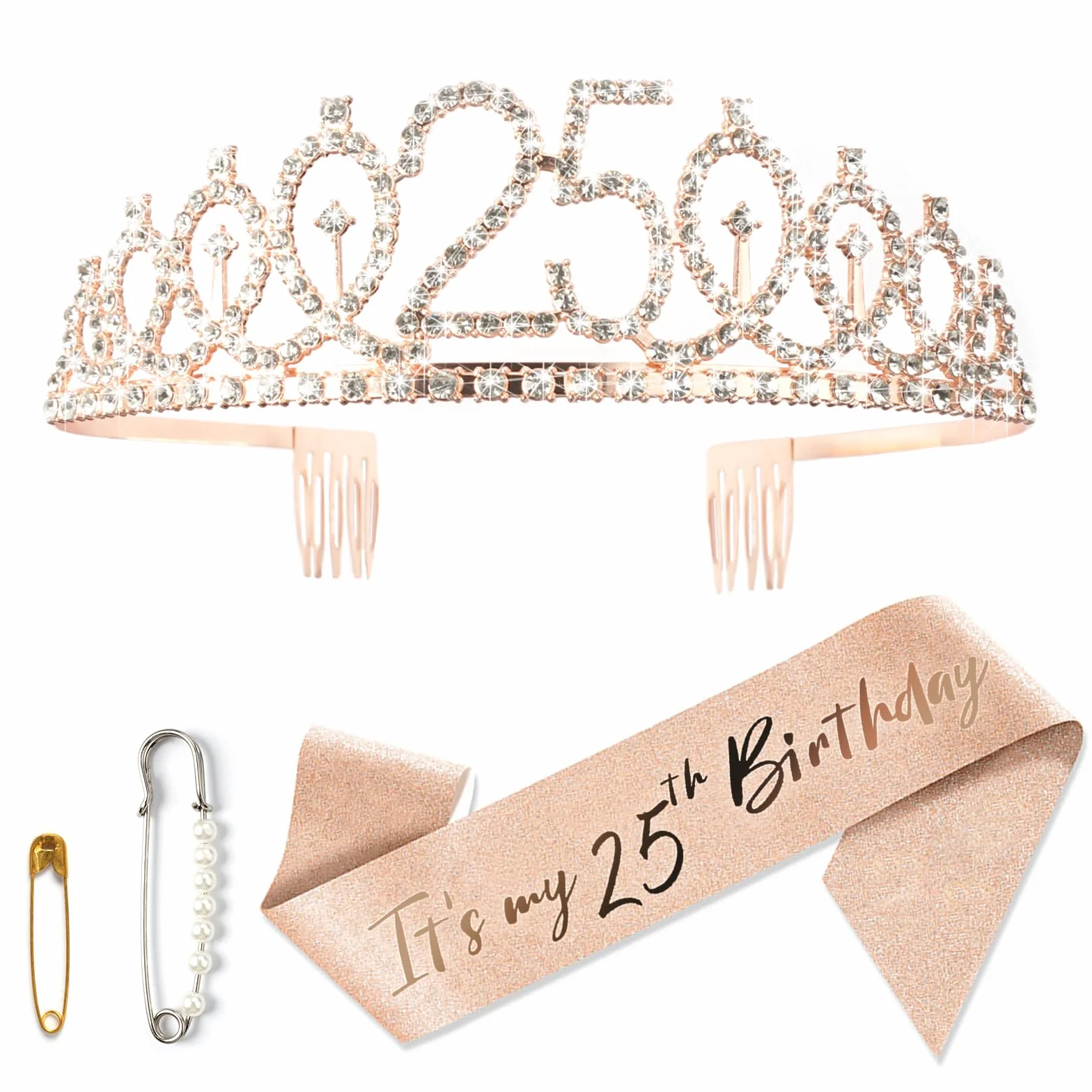 HIKPACKER Zestaw sash i tiara na 25. urodziny, korona, szarfa, złoty, skandynawski styl