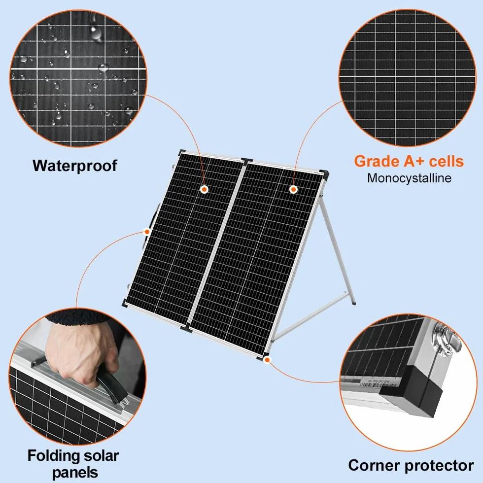DOKIO 160W 18V Przenośny Składany Panel Słoneczny do akumulatorów 12V z regulatorem ładowania słonecznego (2 porty USB) + torba do przenoszenia
