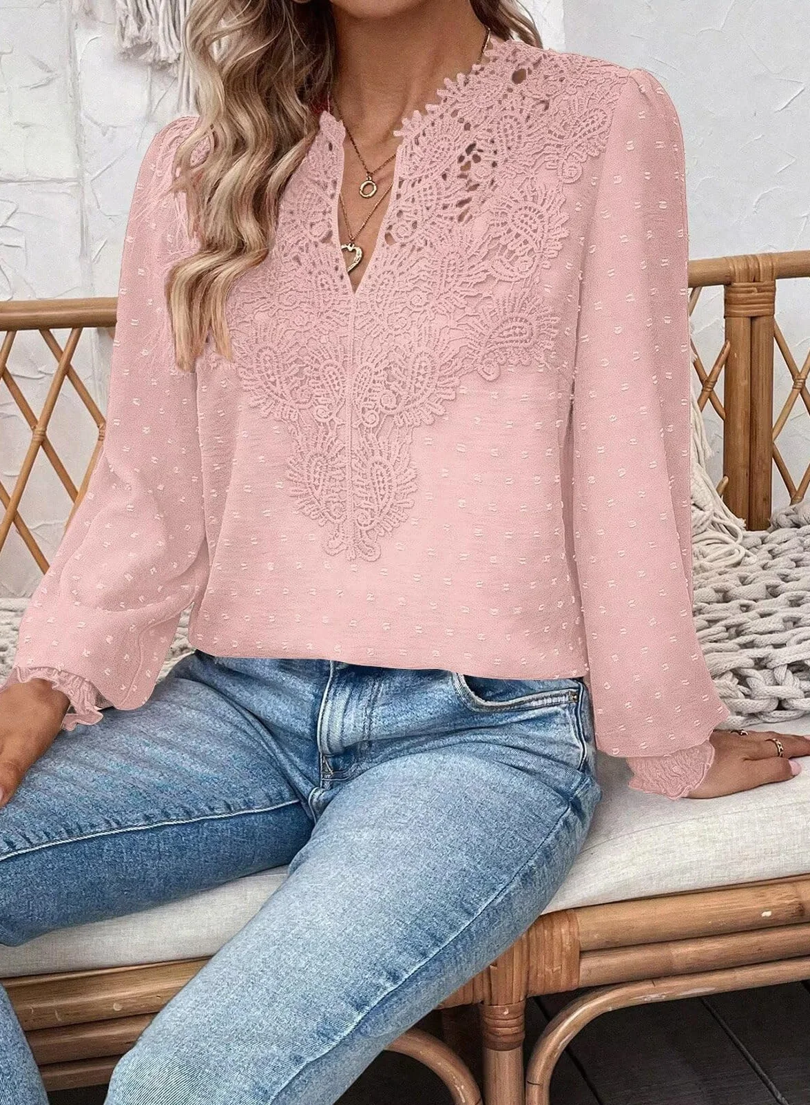 Elegancka Koszulka Damska Długim Rękawem Koszulki Dekoltem W Serek Jesień Boho Casual Falbany Koszula Odzież Top