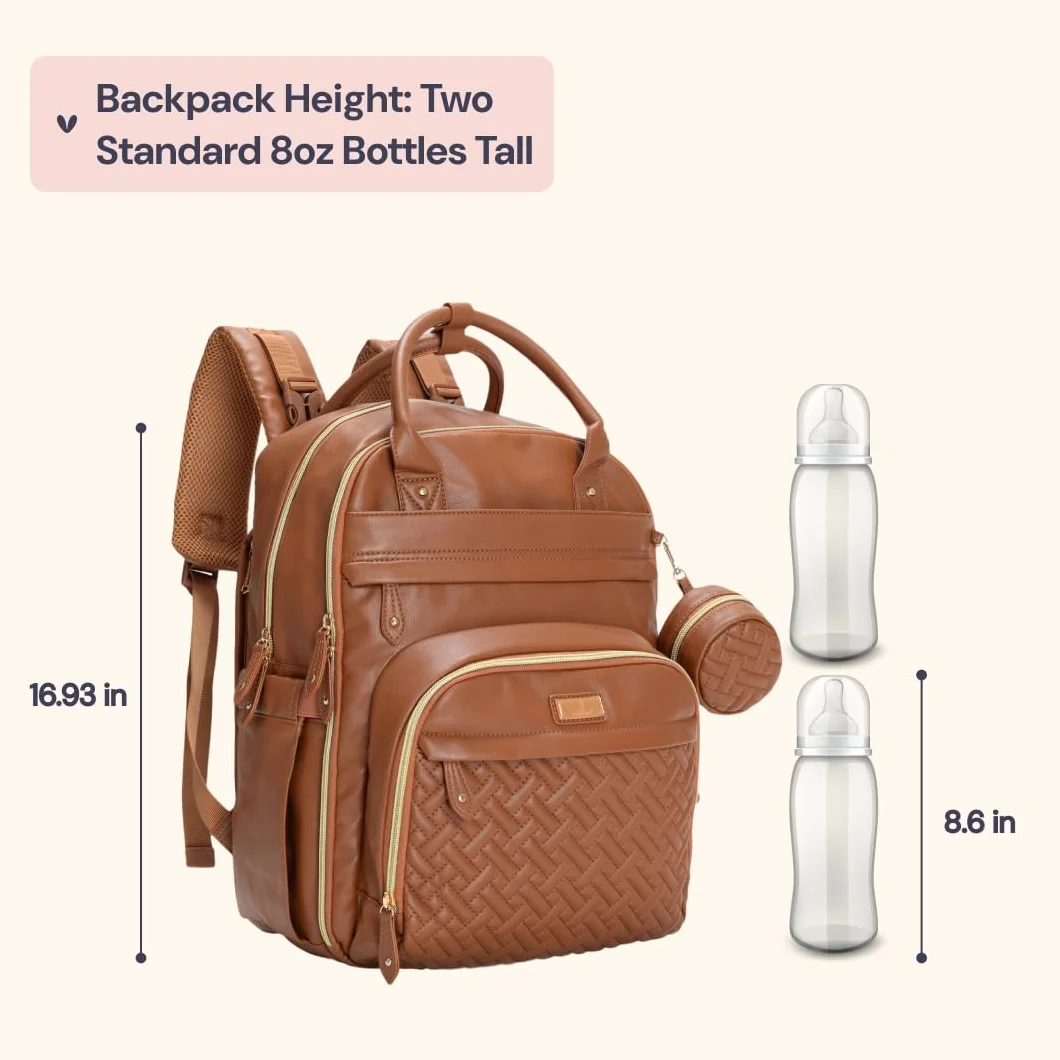 BabbleRoo Leather Diaper Bag Backpack - Baby Essentials Travel Baby Bag, Multi function, Waterproof, with Changing Pad, Stroller Straps & Pacifier Case – Unisex, Natural Brown