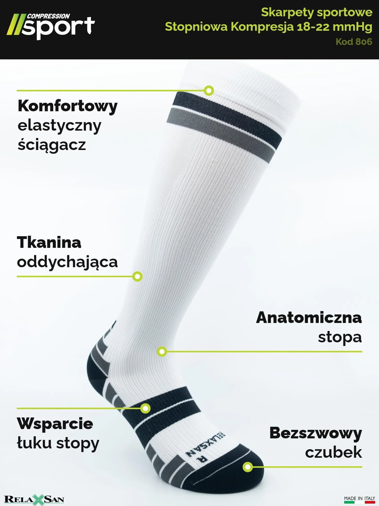 Relaxsan Skarpety Kompresyjne Sportowe dla Mężczyzn i Kobiet, 18-22 mmHg, Oddychające, Made in Italy, 806