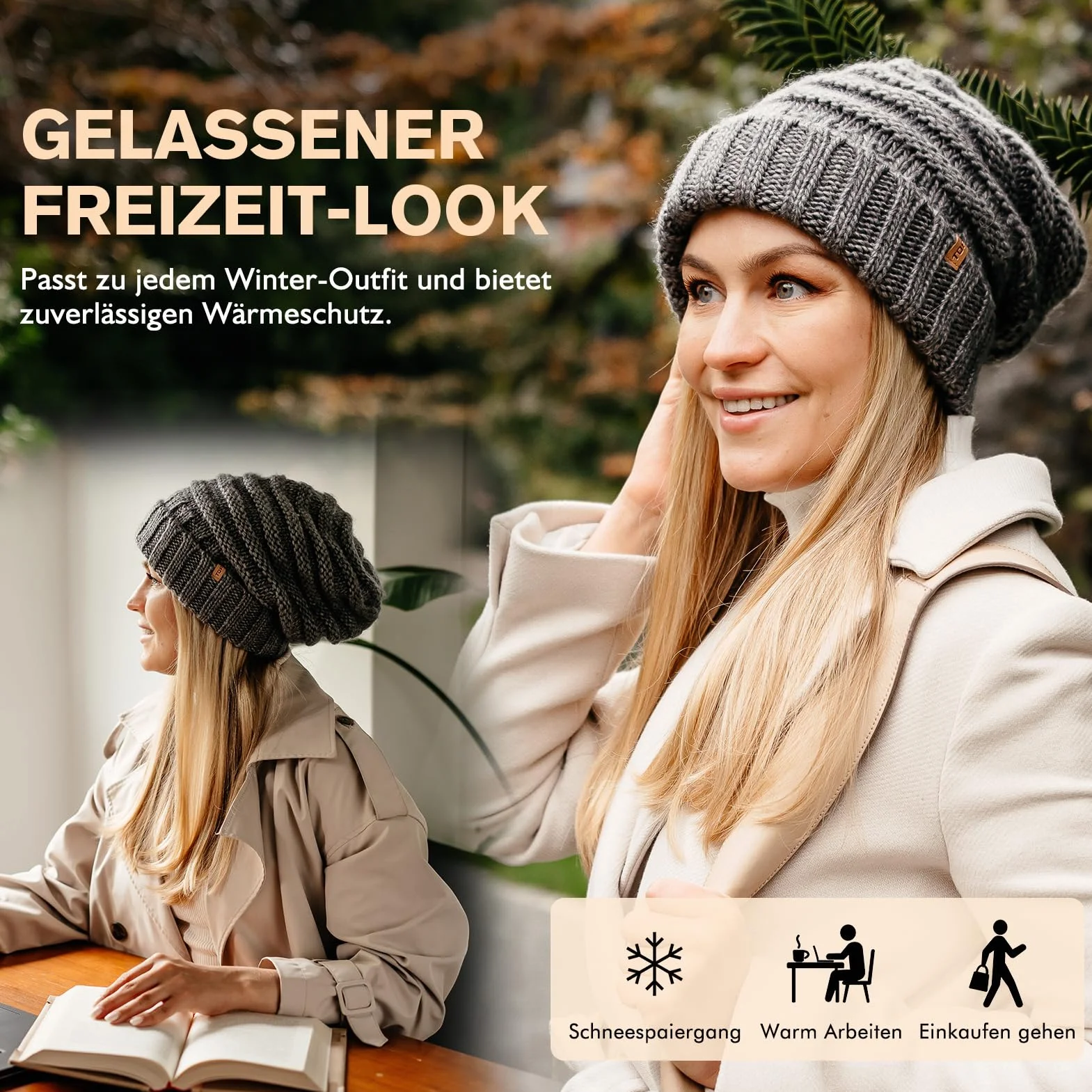 TOP-EX M/L/XL 100% wełna Slouch Beanie damska ciepła czapka zimowa czapka dzianinowa z podszewką polarową